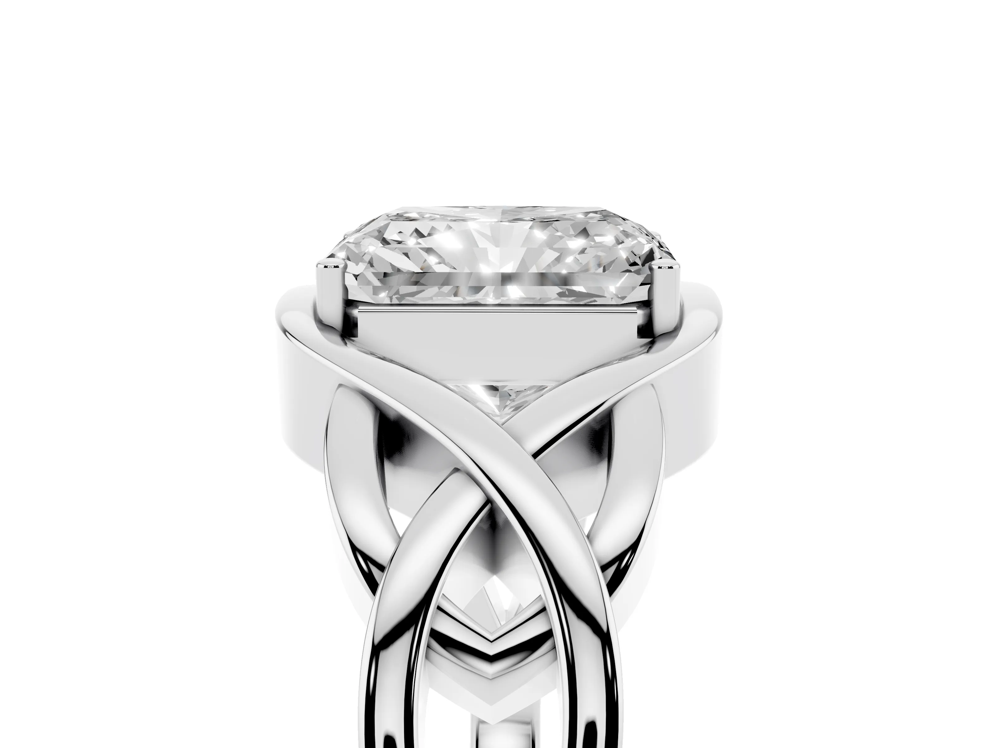 Radiant Cut Diamond Solitaire Ring Set in Silver with Intertwined Band