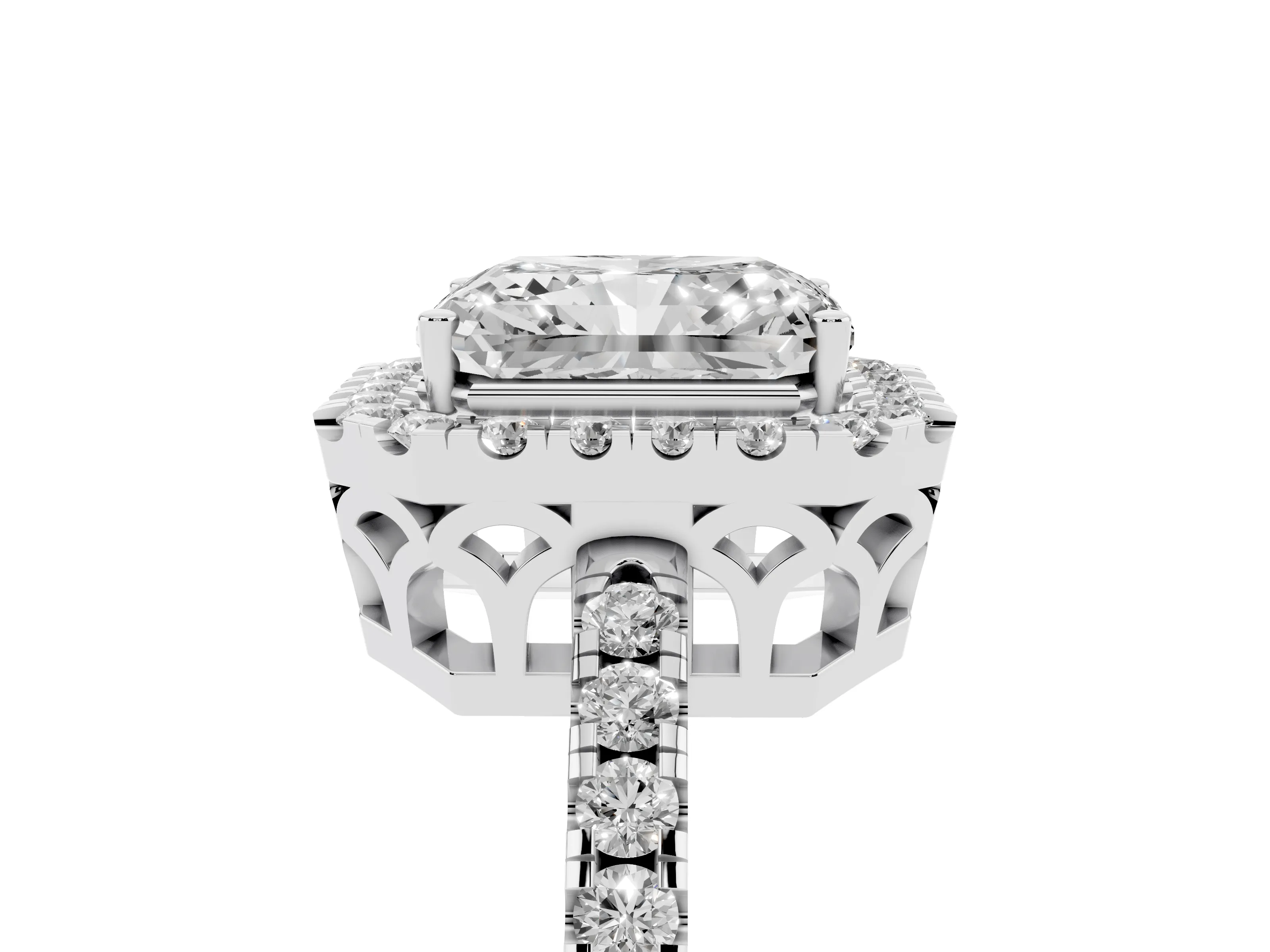 Radiant Cut Diamond Pavé Band Halo Engagement Ring Set in Platinum with Prong Setting
