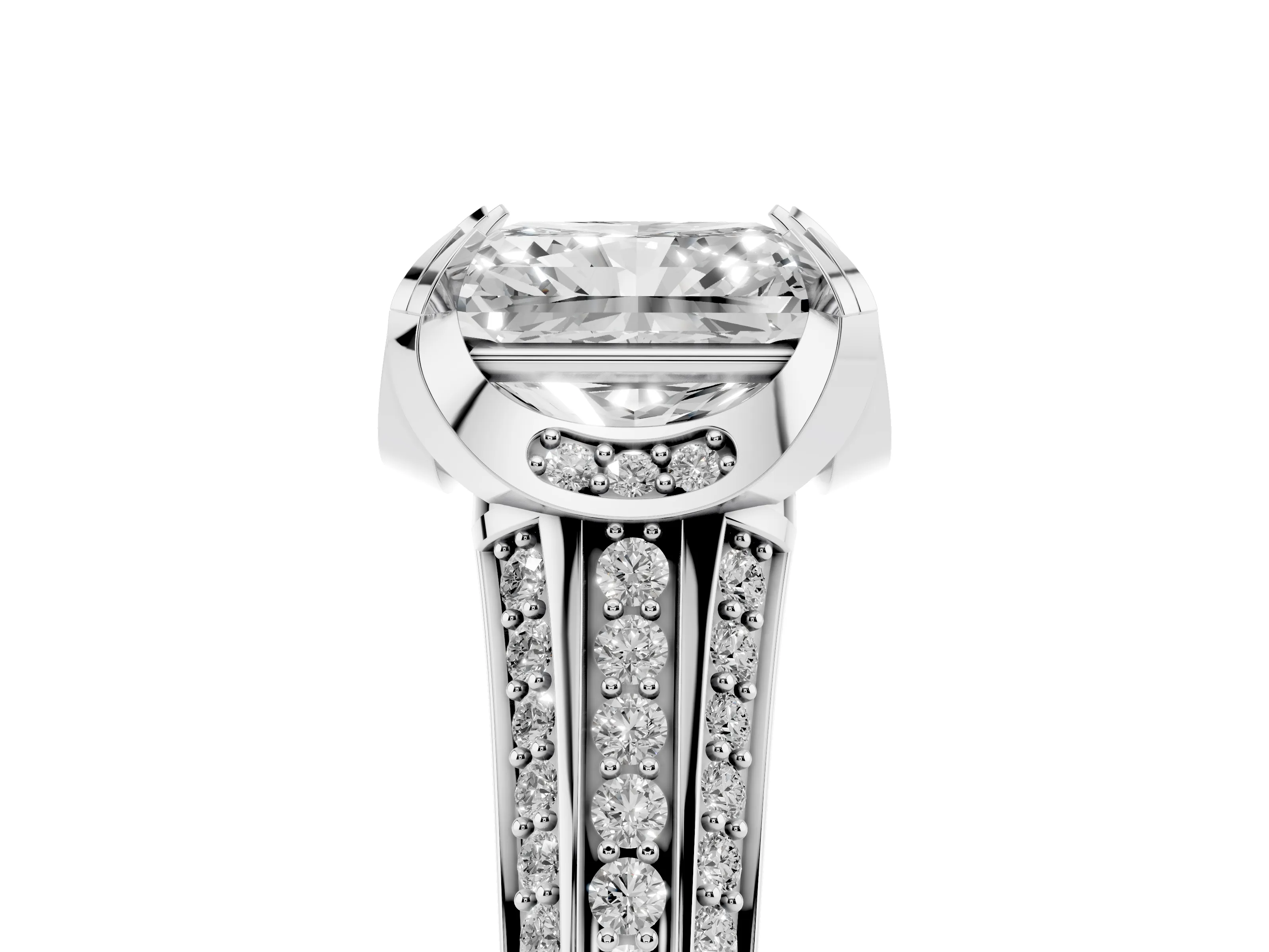 Radiant Cut Diamond Pavé Split Shank Solitaire Ring Set in Platinum with Prong Setting