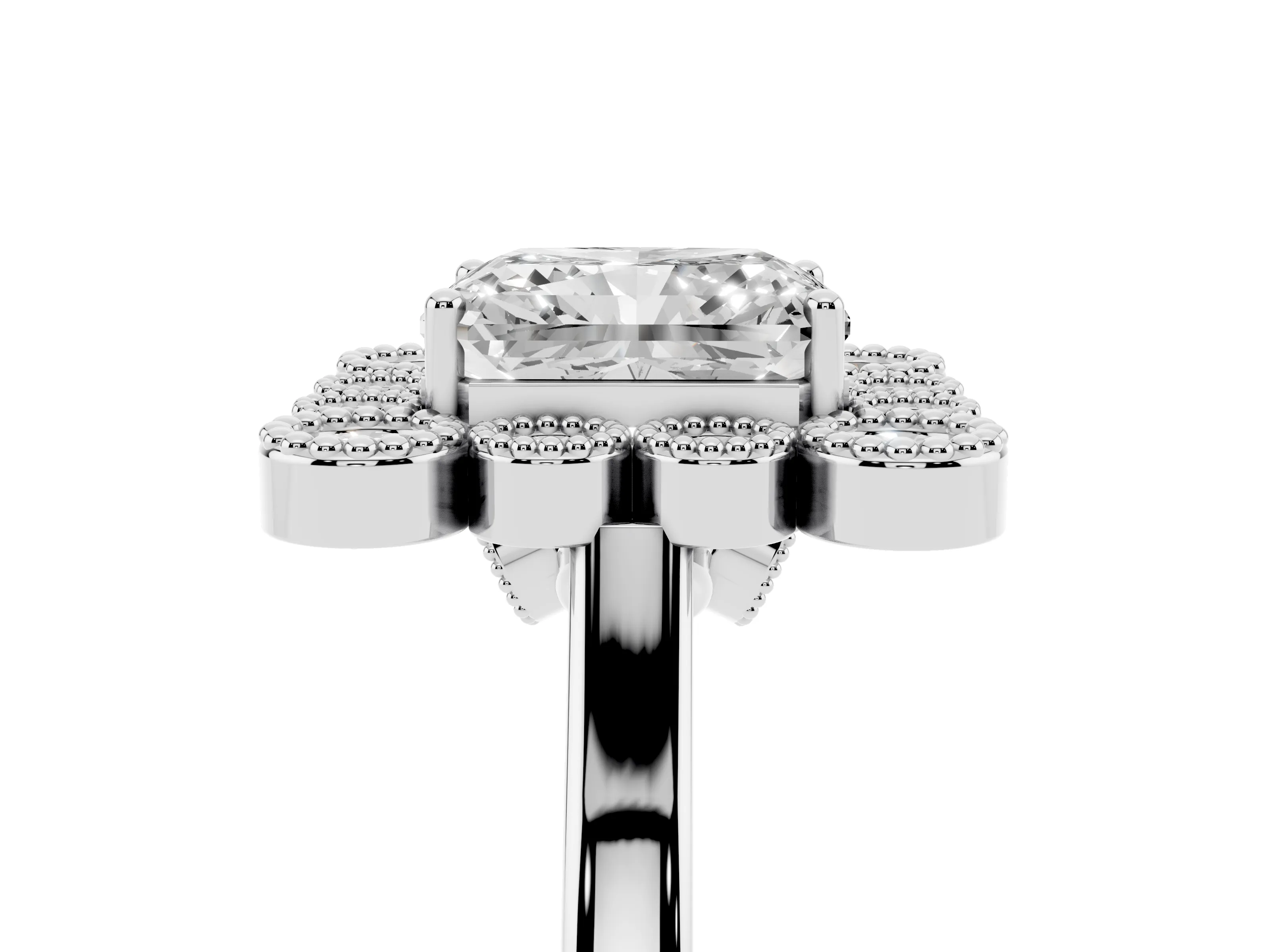 Radiant Cut Diamond Cluster Halo Ring Set in White gold with Milgrain Bezel Accents and Plain Band