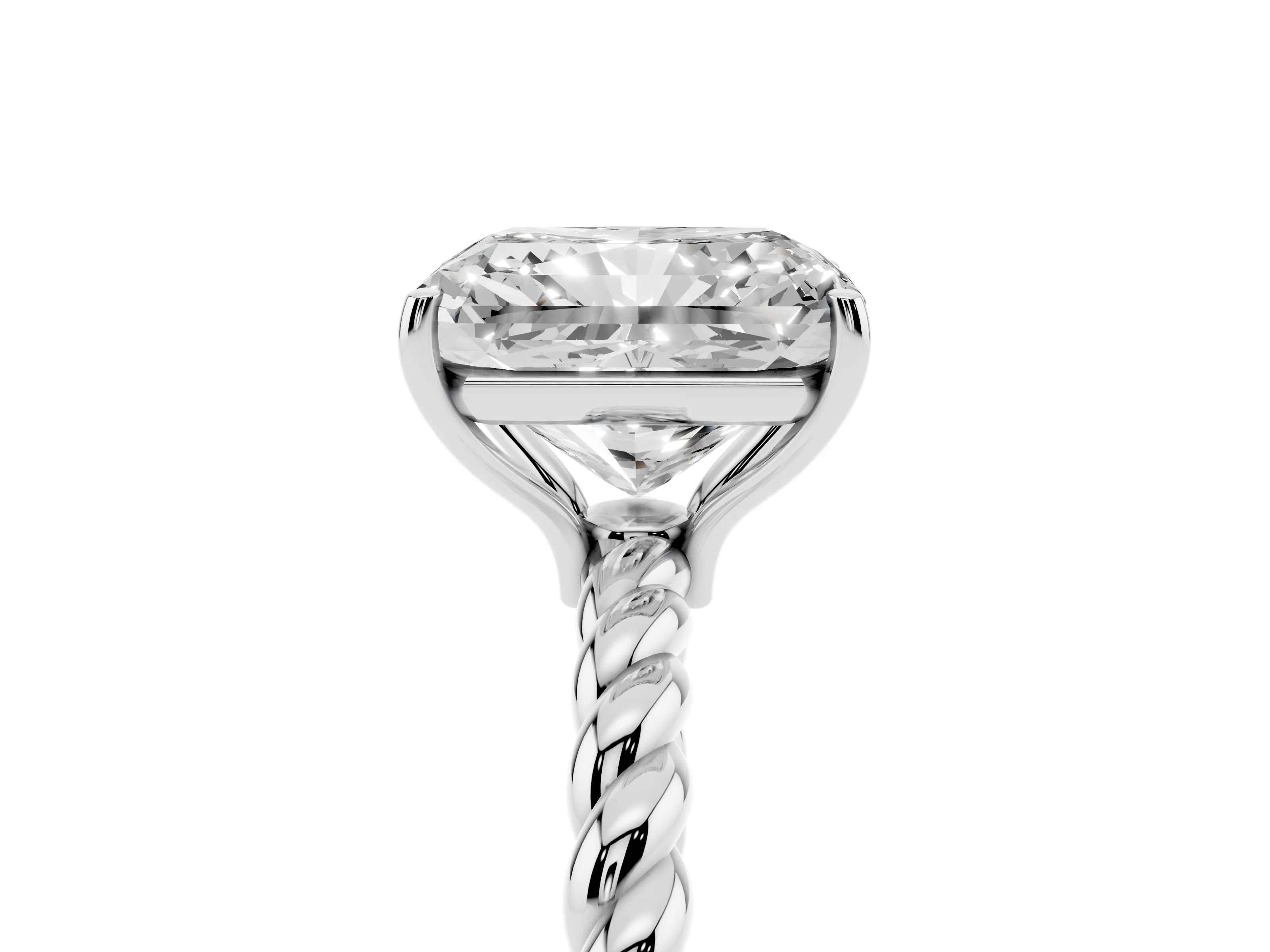 Radiant Cut Diamond Solitaire Ring Set in White gold with Twist Band and Prong Setting
