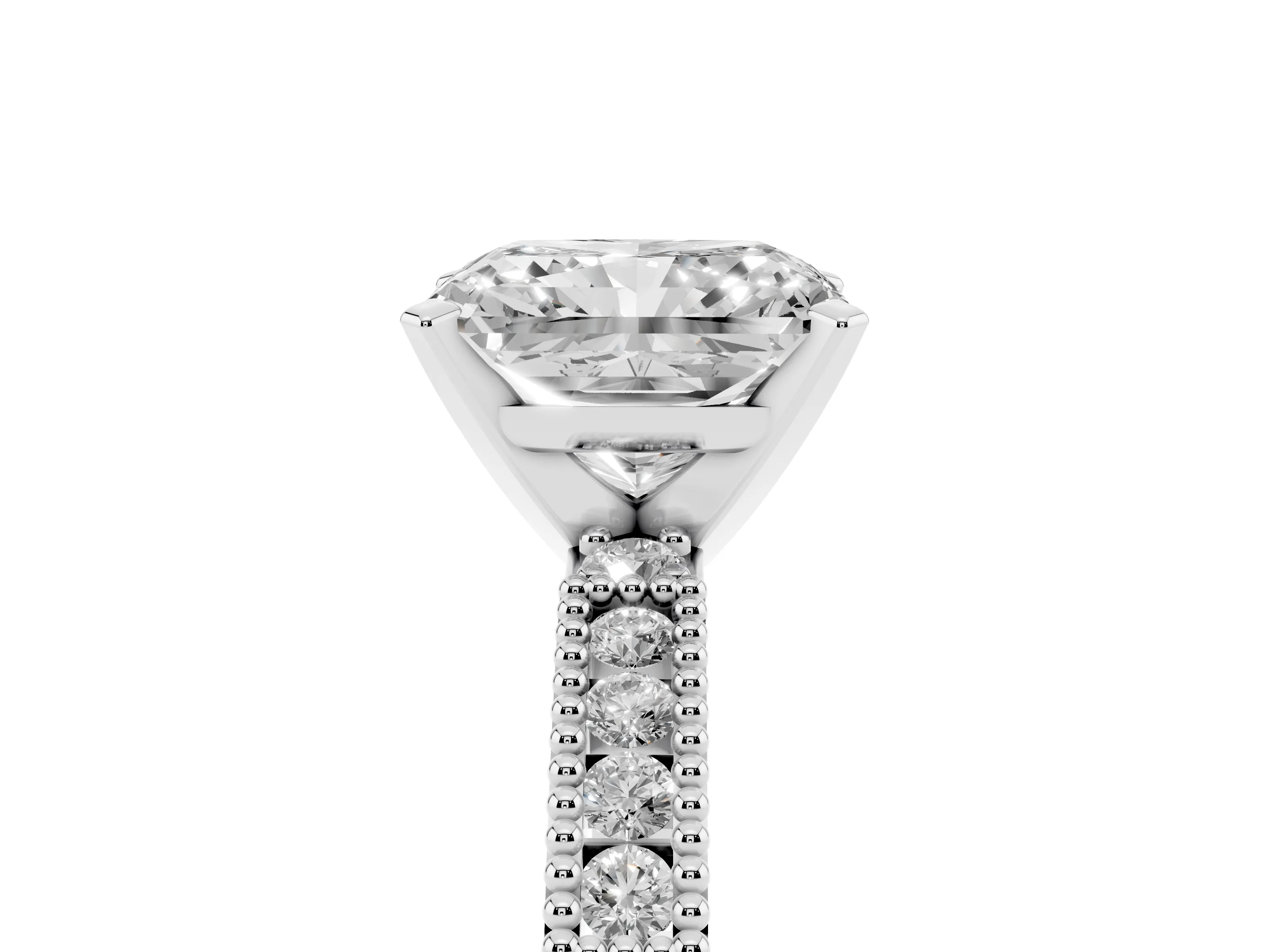 Radiant Cut Diamond Solitaire Ring Set in White gold with Slim Pavé Band and Prong Setting