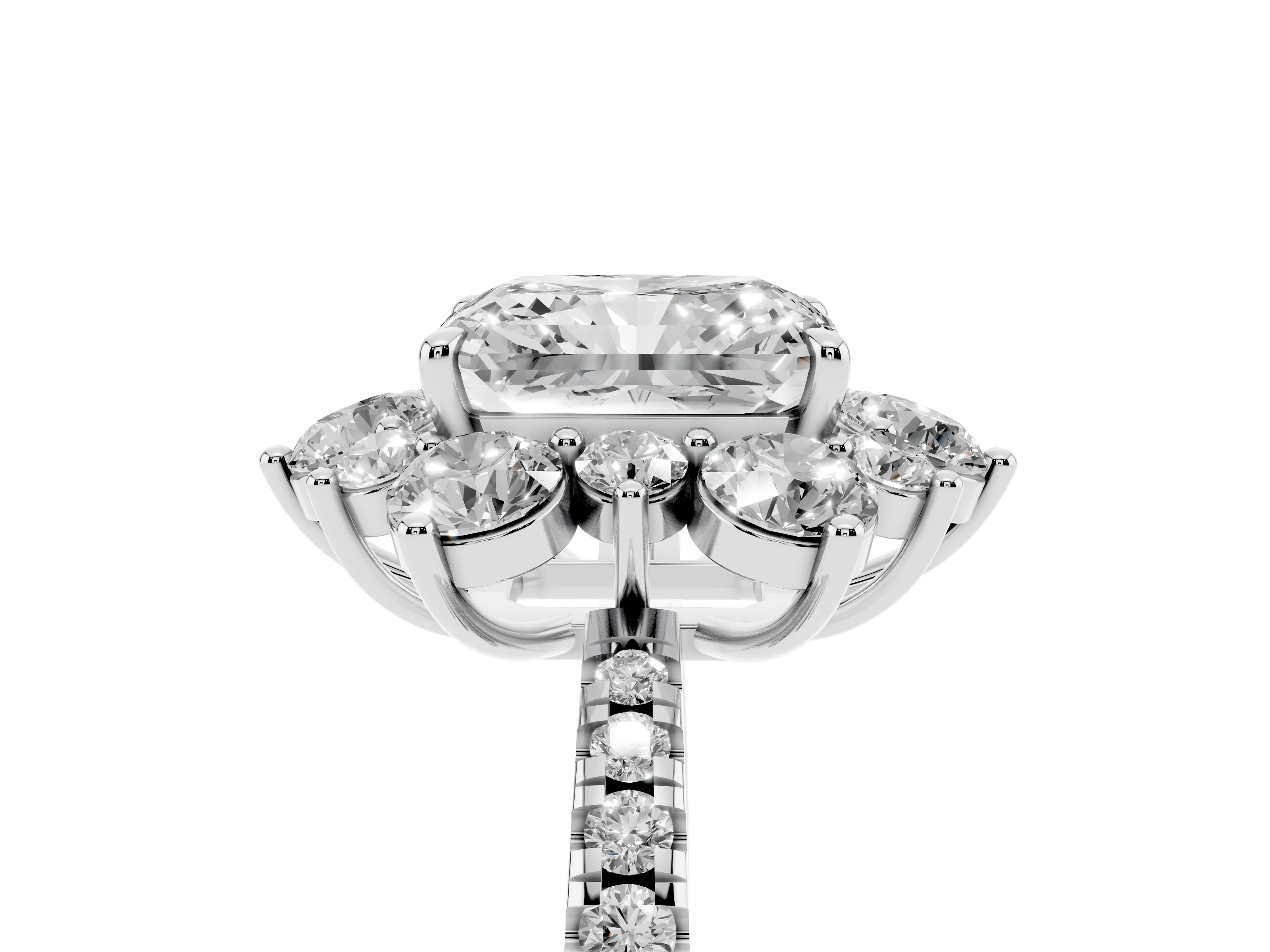 Radiant Cut Diamond Floral Halo Ring Set in Platinum with Round Pavé Band and Prong Setting
