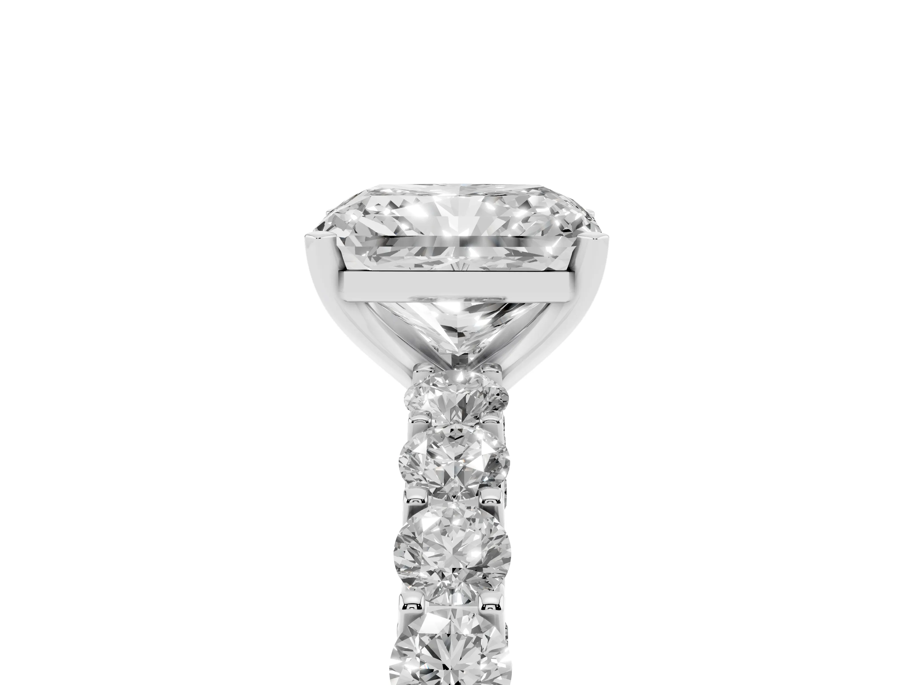Radiant Cut Diamond Solitaire Ring Set in Silver with Shared Prong Pavé Band