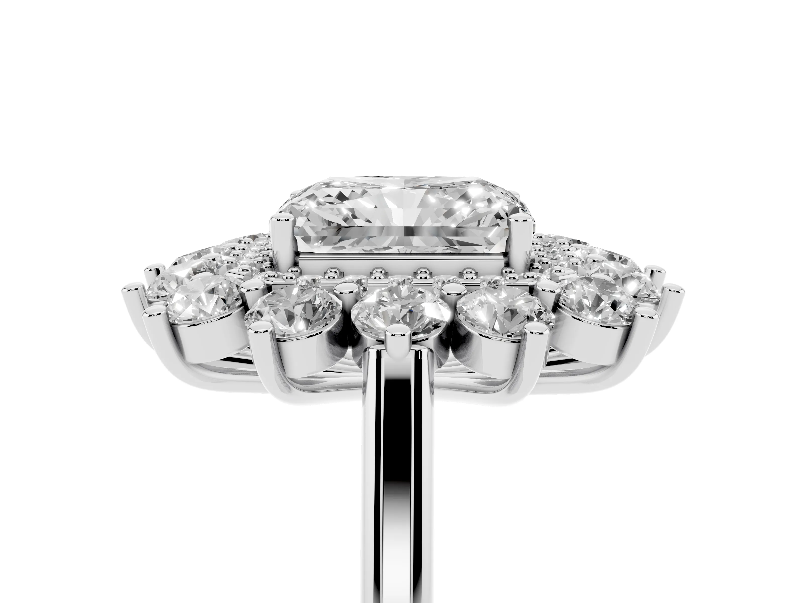 Radiant Cut Diamond Floral Double Halo Ring Set in Platinum with Round Petals
