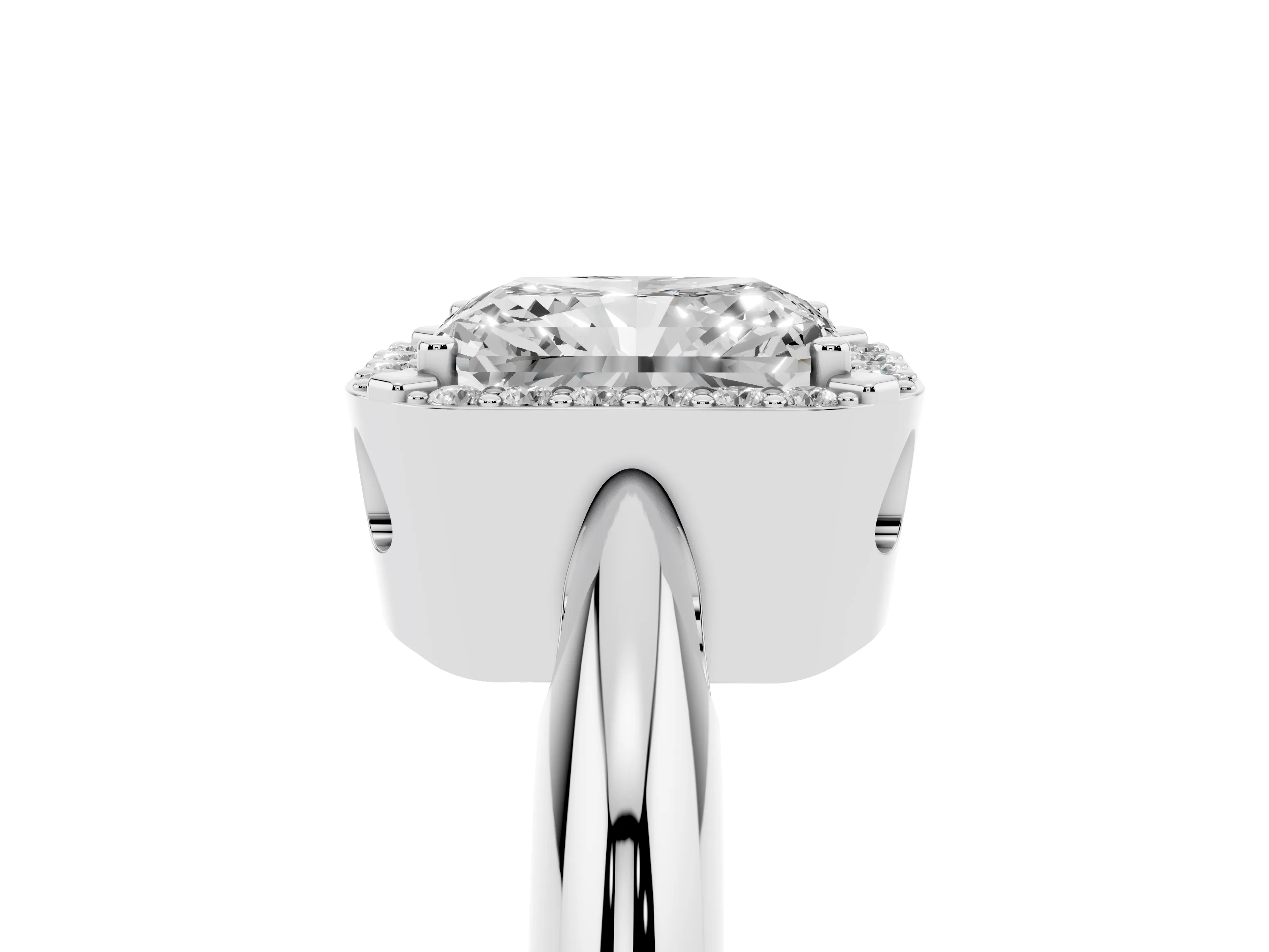 Radiant Cut Diamond Halo Engagement Ring Set in Platinum with Plain Split Shank and Prong Setting