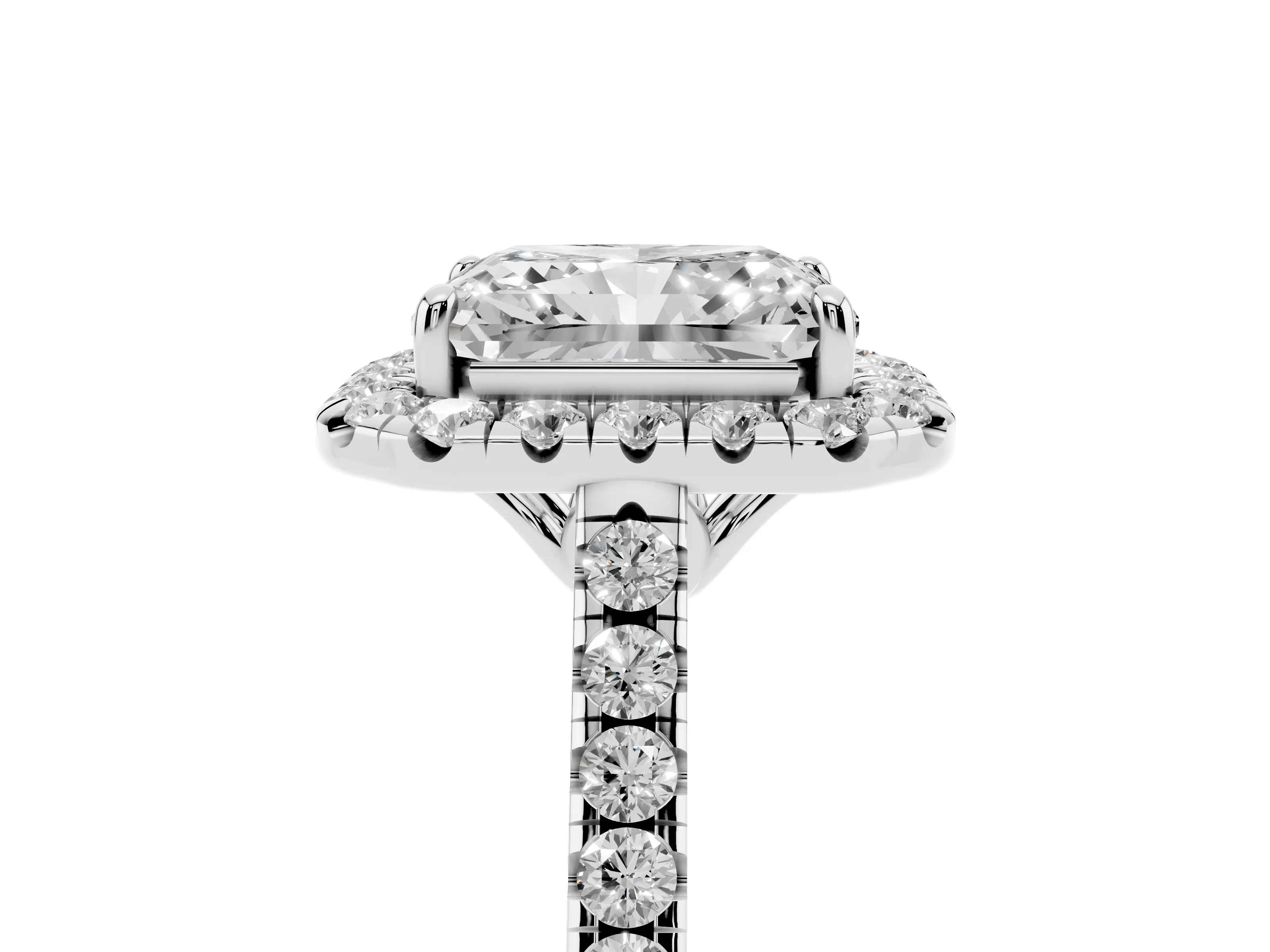 Radiant Cut Diamond Pavé Halo Engagement Ring Set in White gold with Pavé Band and Prong Setting