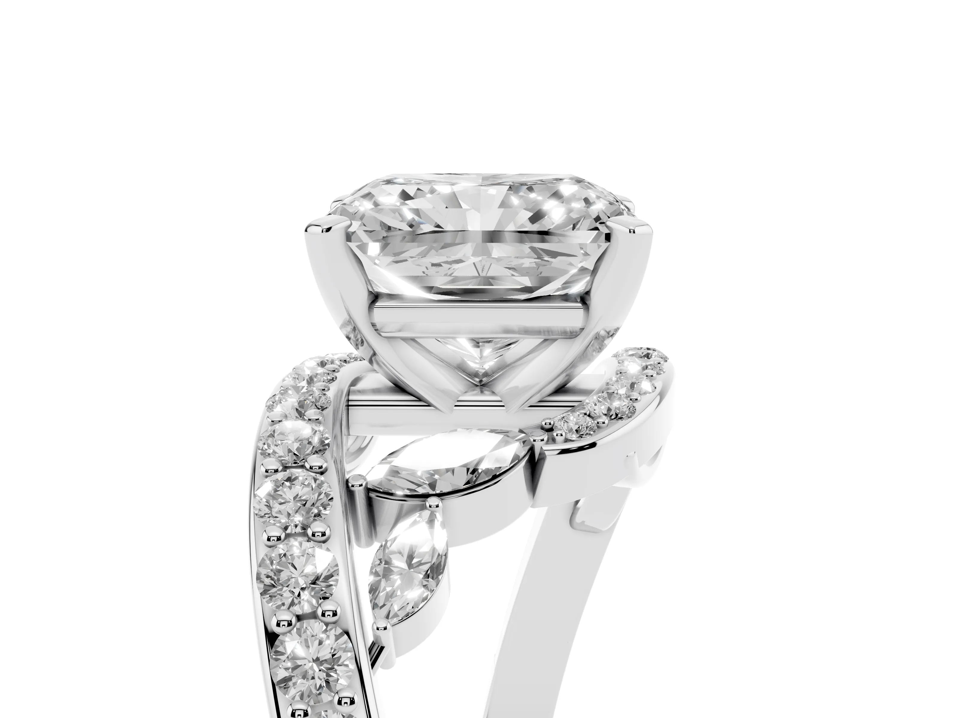 Radiant Cut Diamond Solitaire Ring Set in White gold with Pavé Twist Band and Secure Prong Setting
