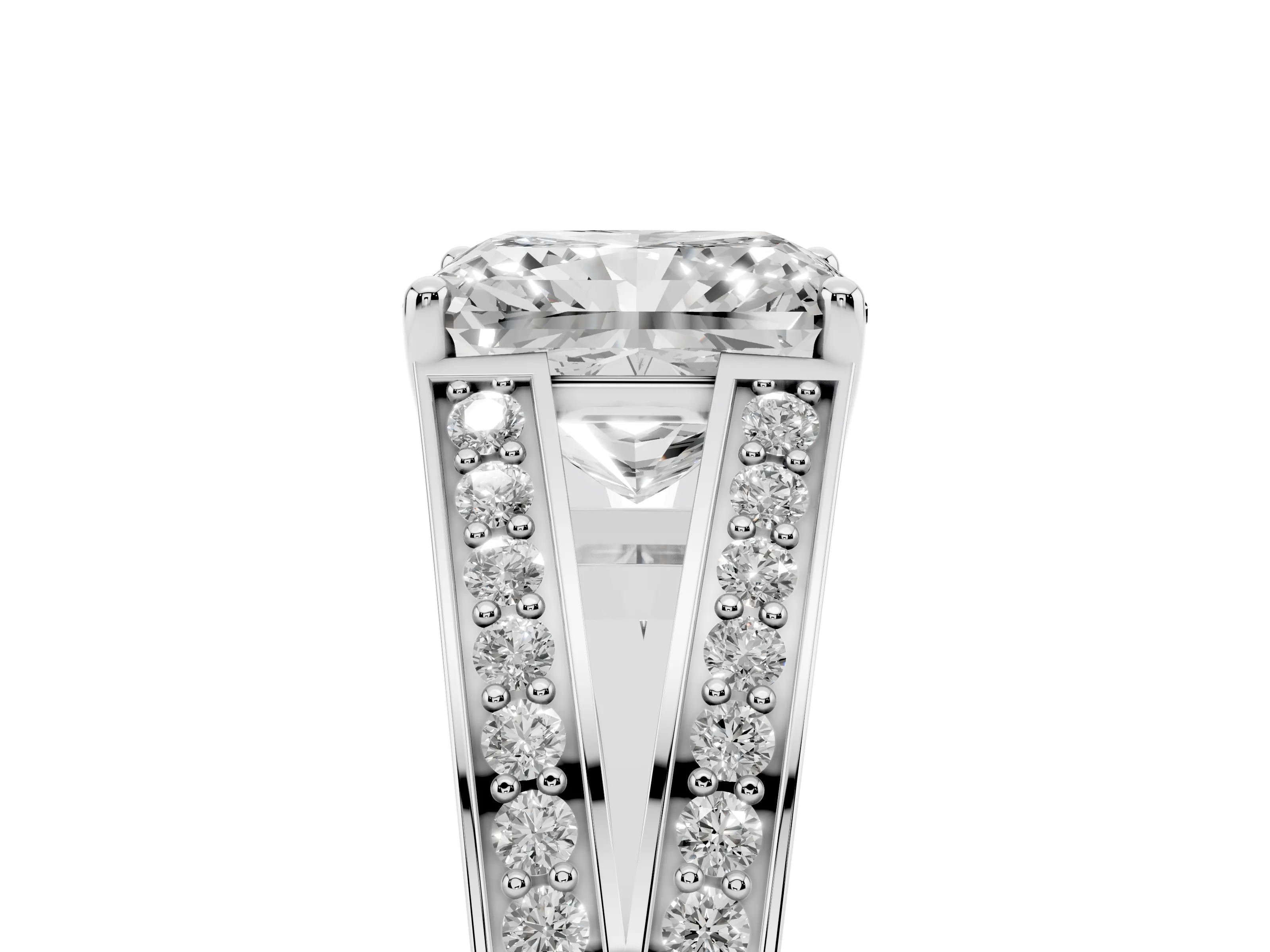 Radiant Cut Diamond Split Shank Ring Set in Silver with Pavé Band and Prong Setting