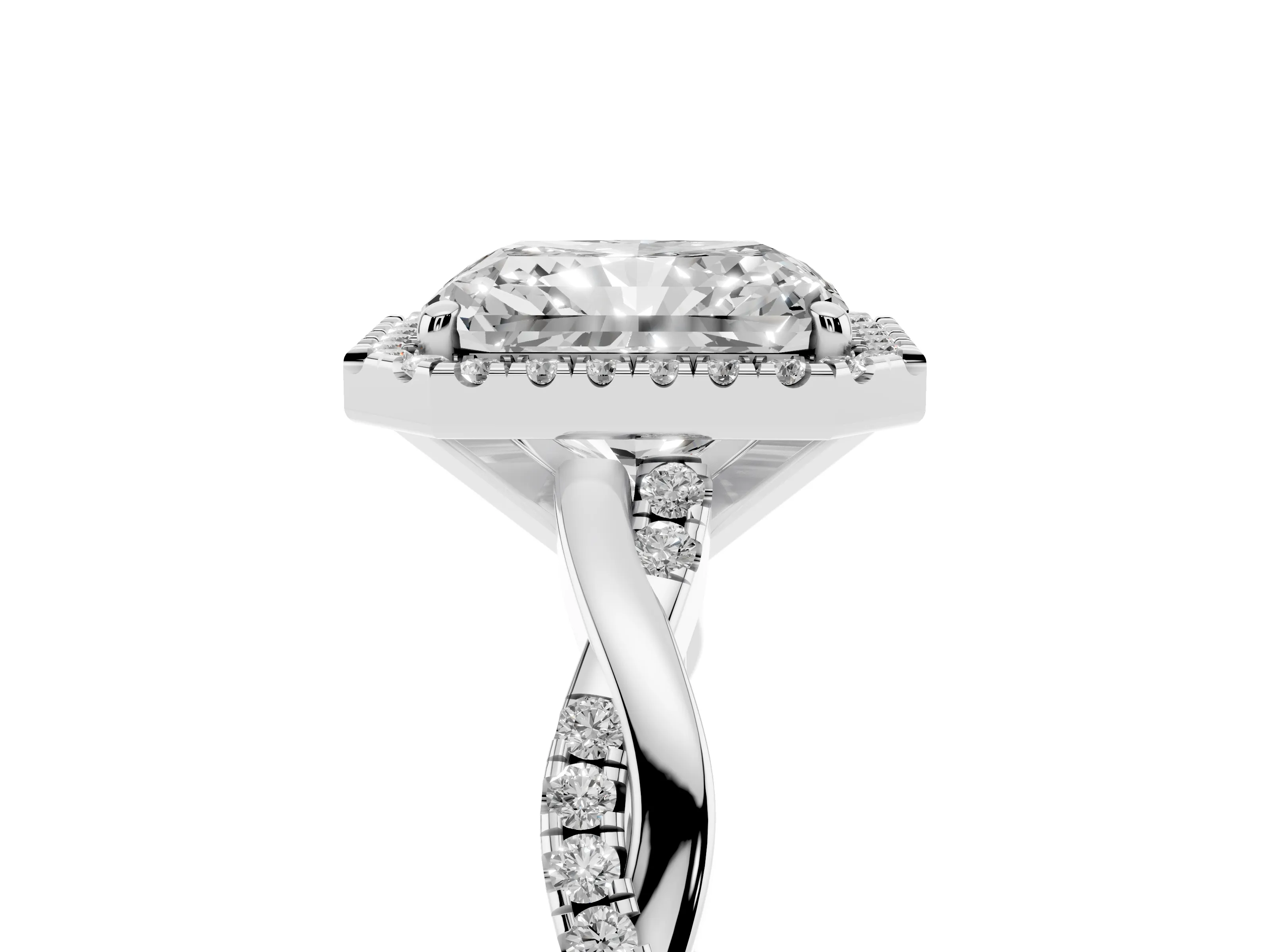 Radiant Cut Diamond Halo Twisted Band Ring Set in Platinum with Prong Setting