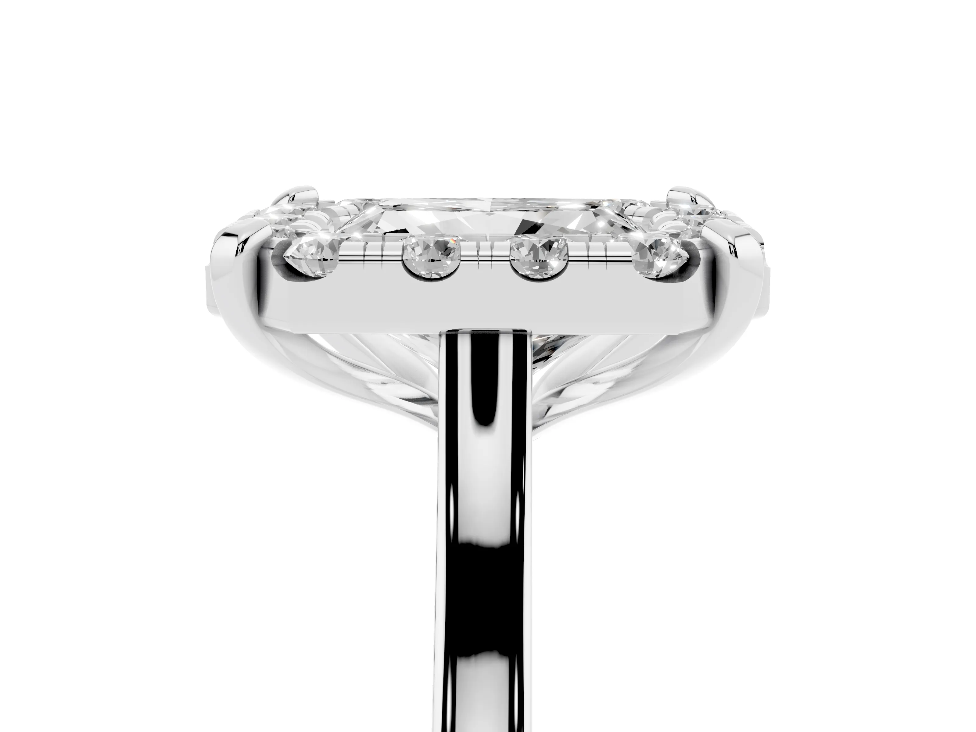 Radiant Cut Diamond Cluster Halo Solitaire Ring Set in White gold with Prong Setting