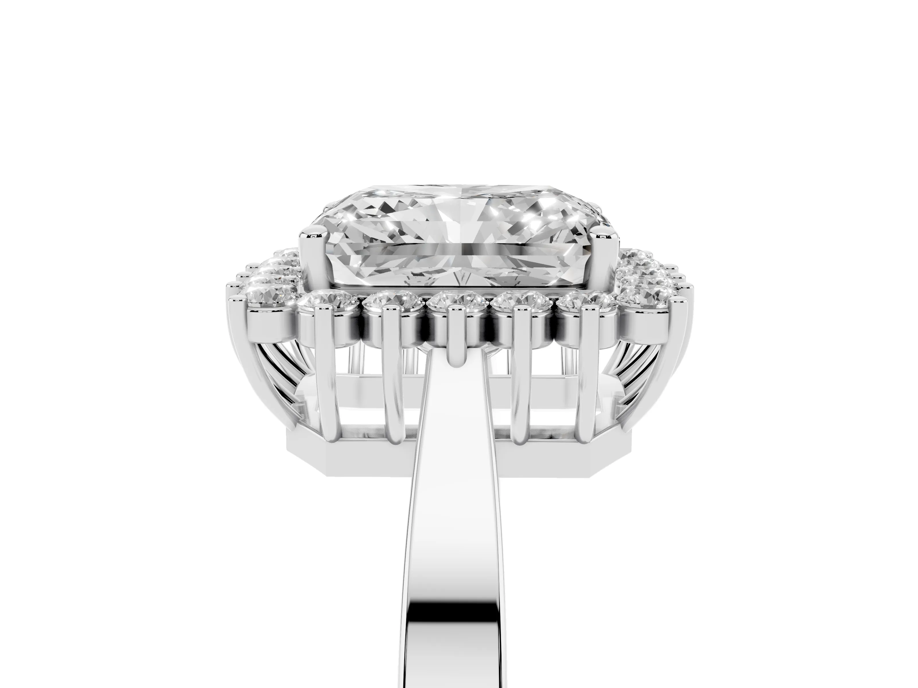 Radiant Cut Diamond Halo Ring Set in White gold with Round Halo and Smooth Solitaire Band