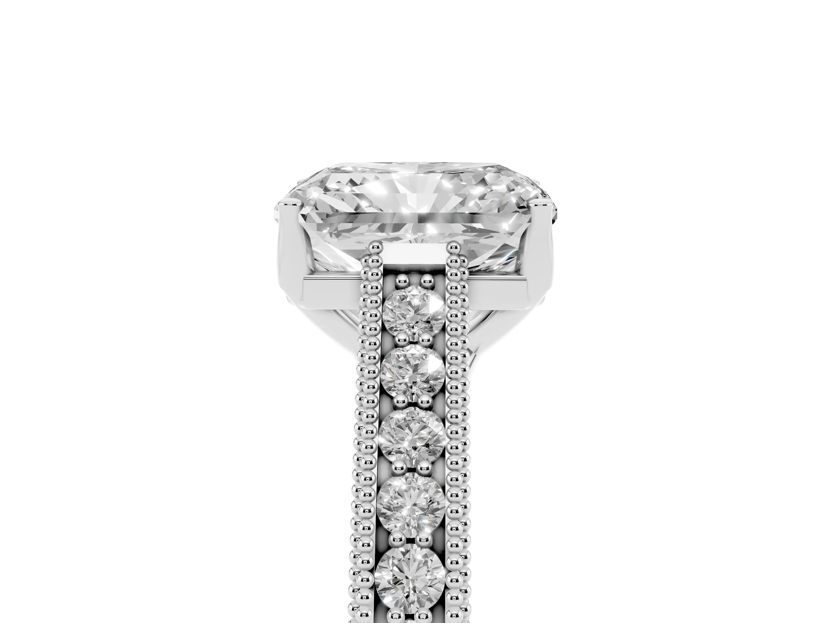 Radiant Cut Diamond Milgrain Pavé Band Solitaire Ring Set in Platinum with Prong Setting