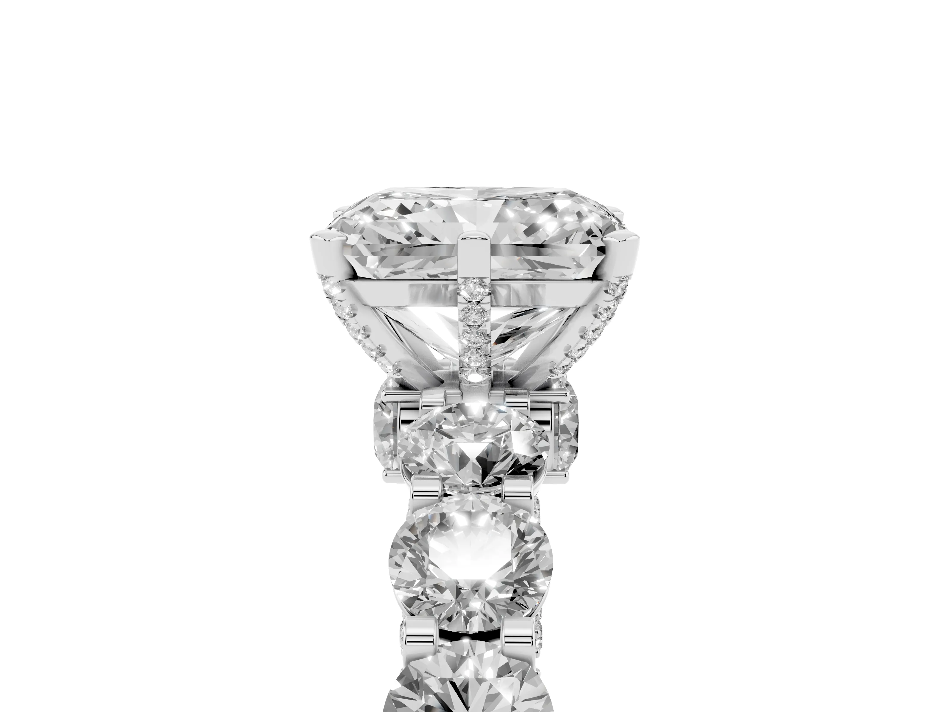 Radiant Cut Diamond Side Stone Ring Set in White gold with Alternating Round and Oval Side Stones