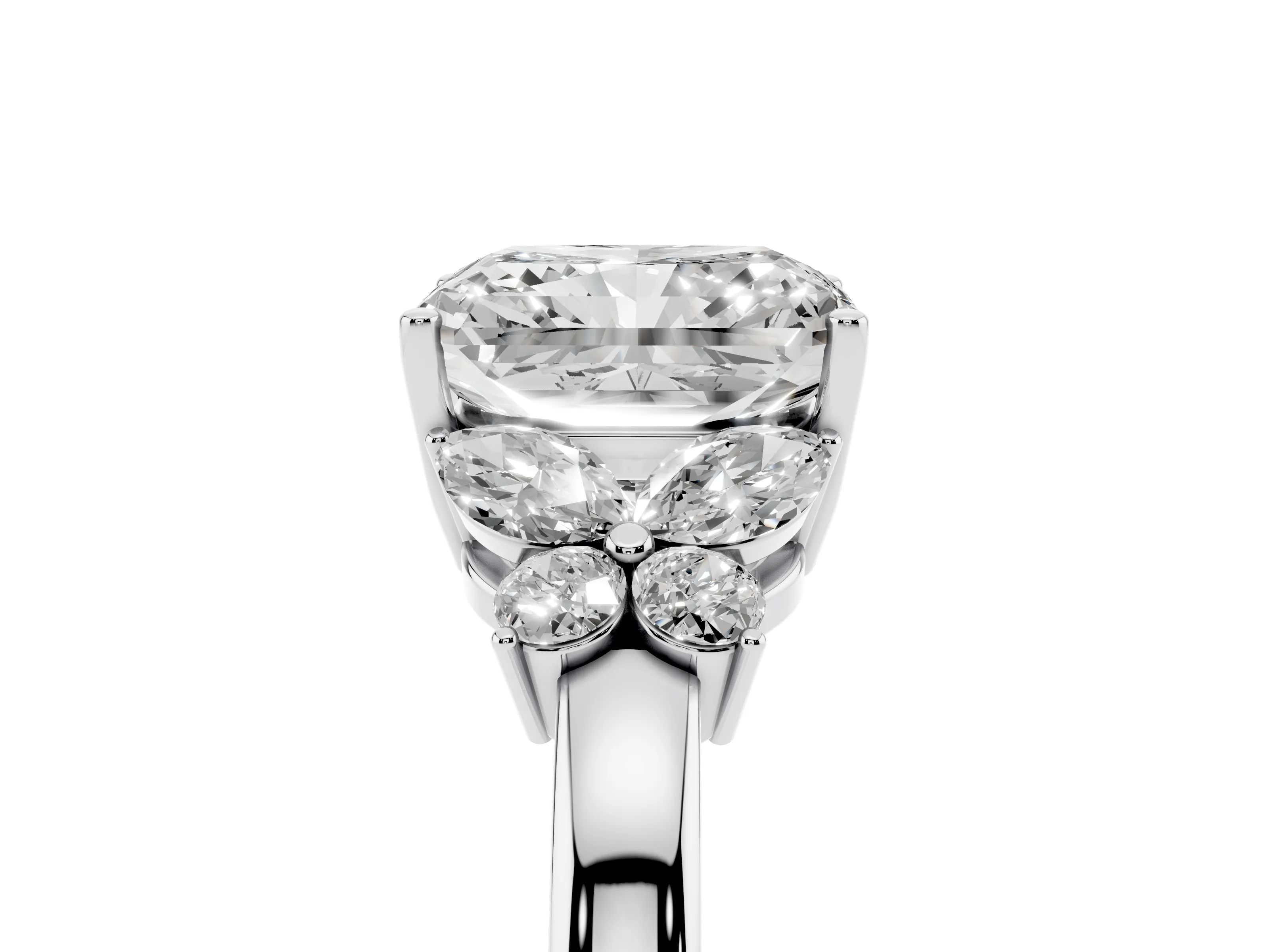 Radiant Cut Diamond Solitaire Floral Ring Set in White gold with Marquise Petals and Prong Setting