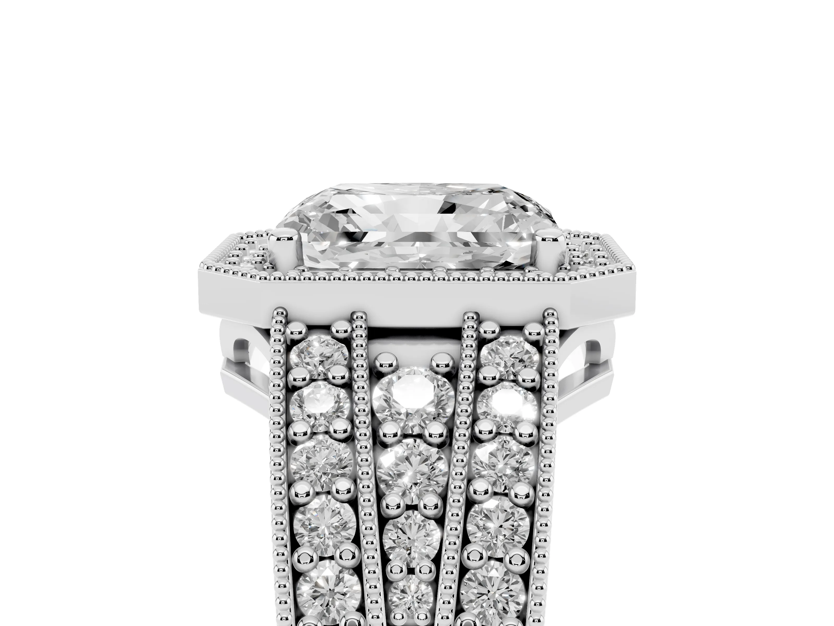 Radiant Cut Diamond Halo Ring Set in Silver with Accent Split Shank and Prong Setting