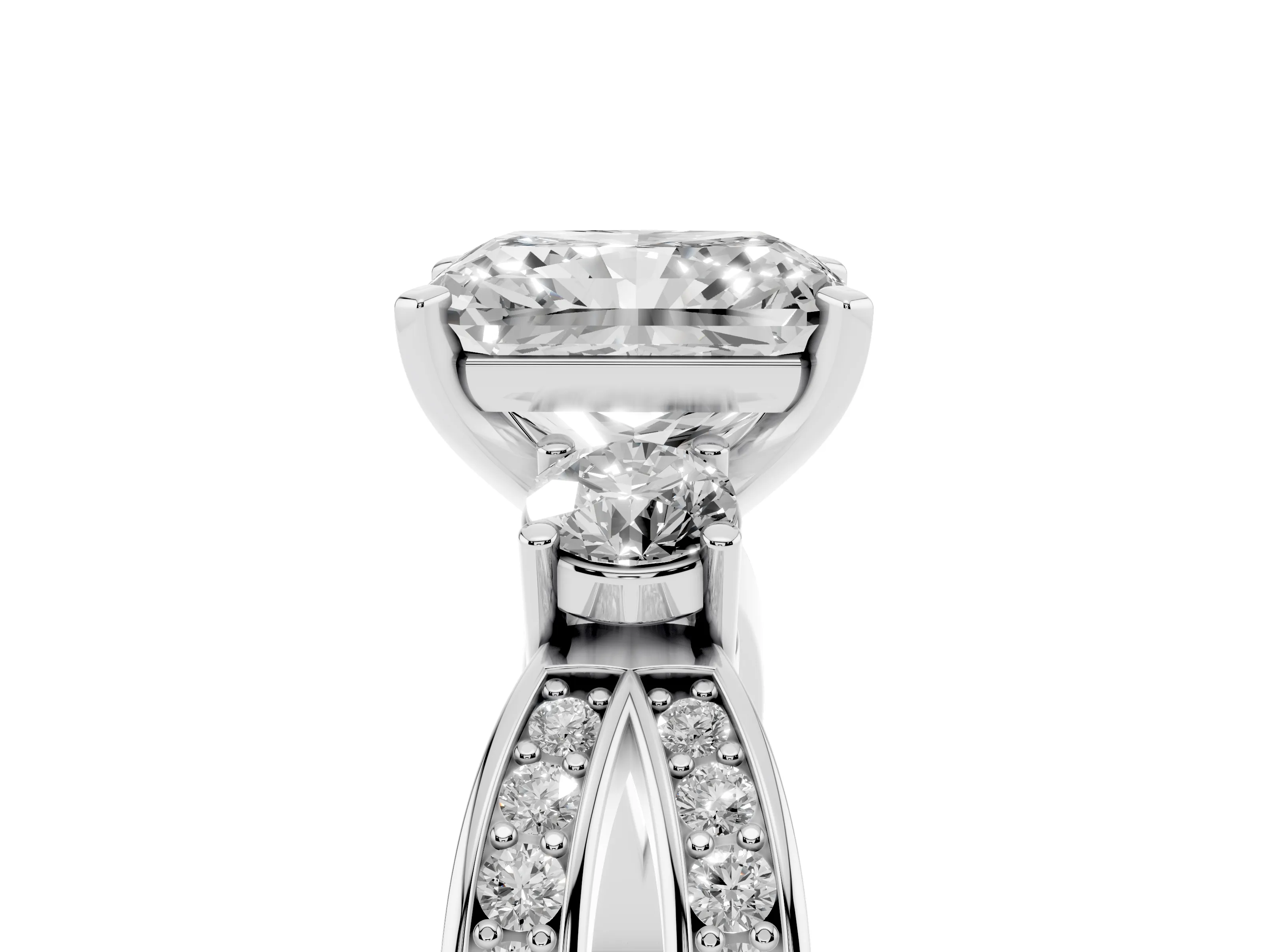 Three-Stone Radiant Cut Diamond Twist Band Ring Set in Silver with Pavé Accents and Prong Setting