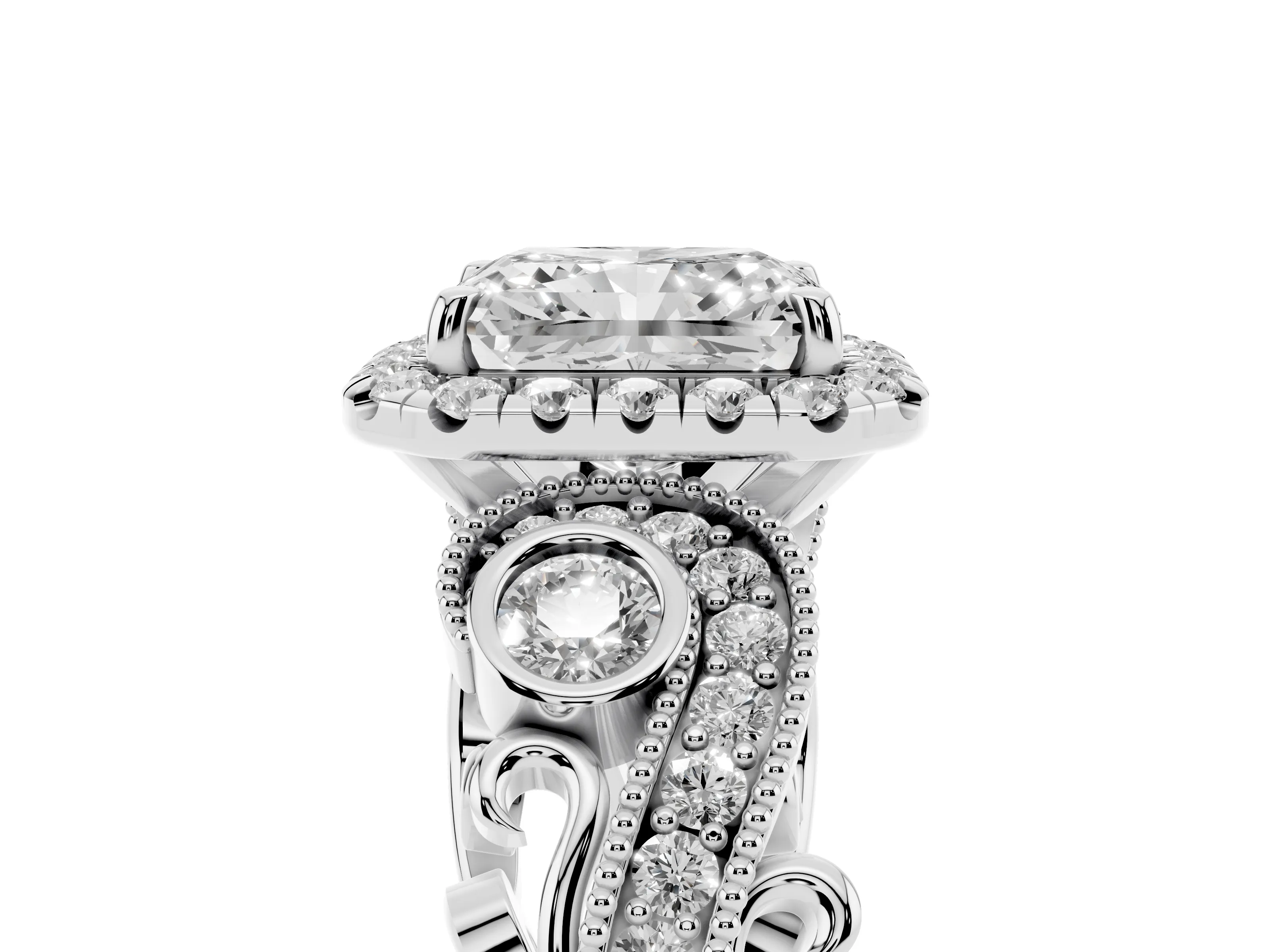 Radiant Cut Diamond Halo Ring Set in Silver with Milgrain Pavé Band and Prong Setting