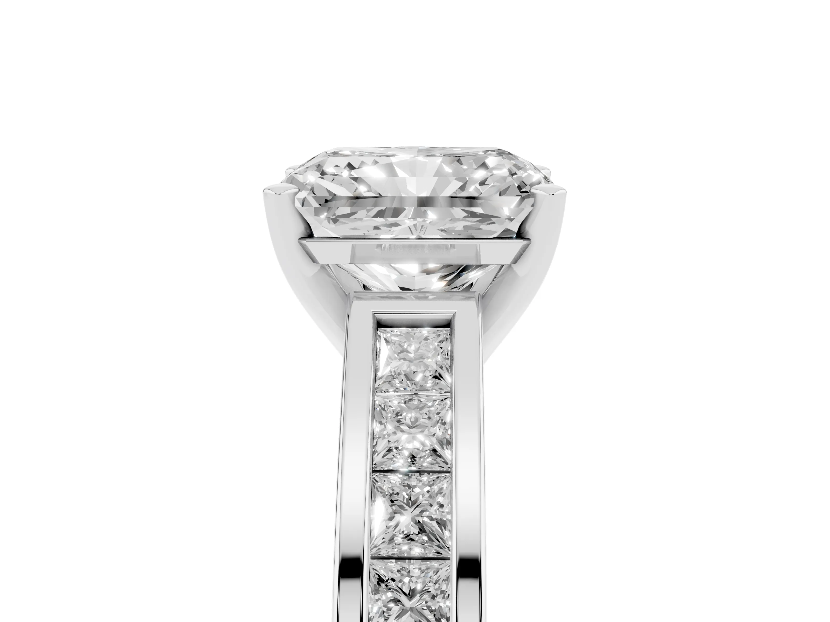 Radiant Cut Diamond Solitaire Ring Set in White gold with Channel-Set Band and Prong Setting