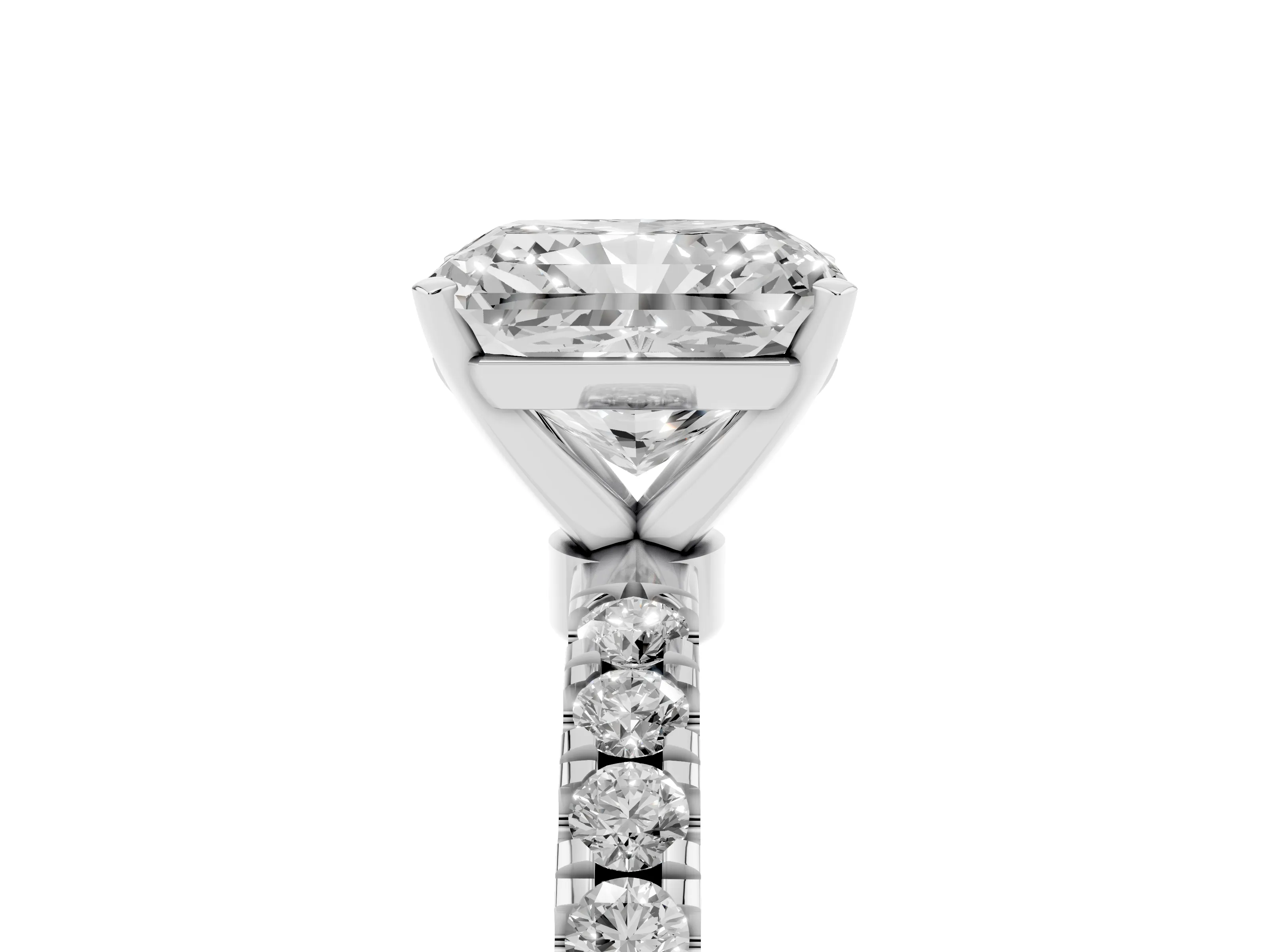 Radiant Cut Diamond Solitaire Ring Set in White gold with Pavé Accents and Prong Setting