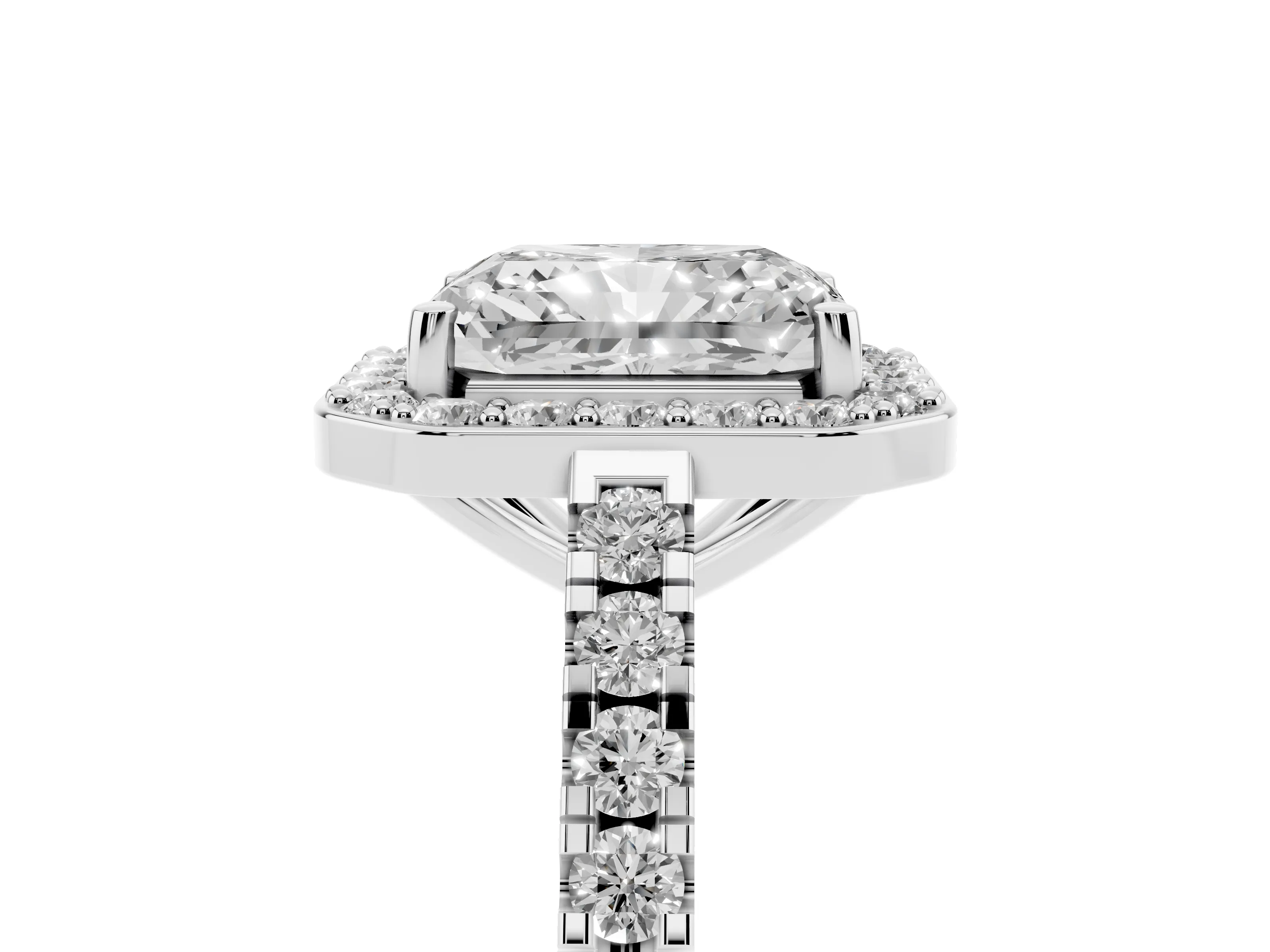 Radiant Cut Diamond Halo Ring Set in Silver with Round Pavé Split Shank and Prong Setting