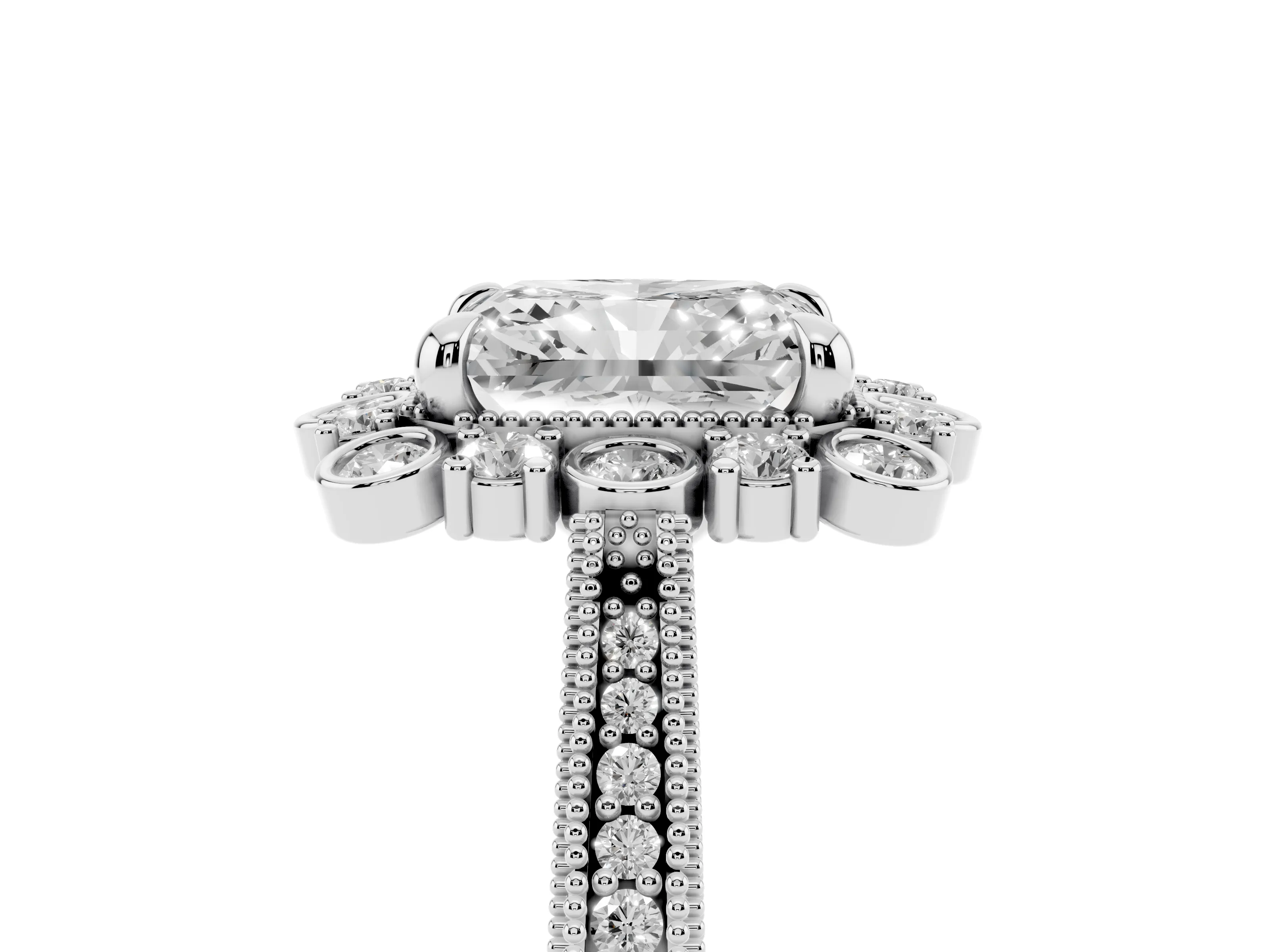 Radiant Cut Diamond Halo Milgrain Pavé Ring Set in Platinum with Prong Setting