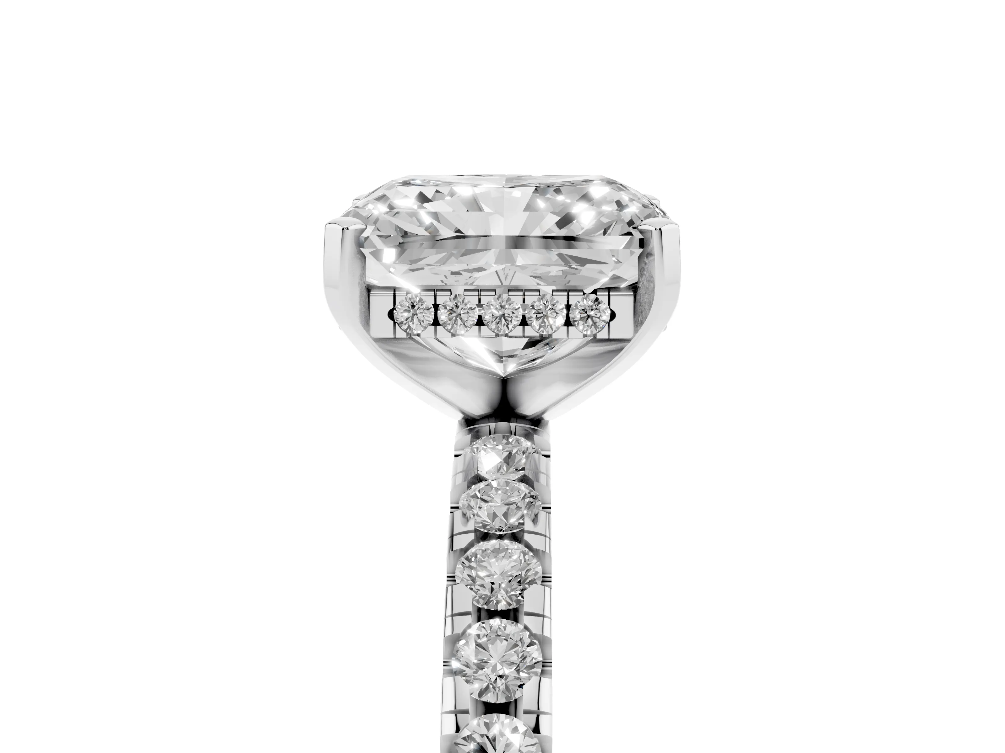 Radiant Cut Diamond Pavé Solitaire Ring Set in Platinum with Round Band Accents and Prong Setting