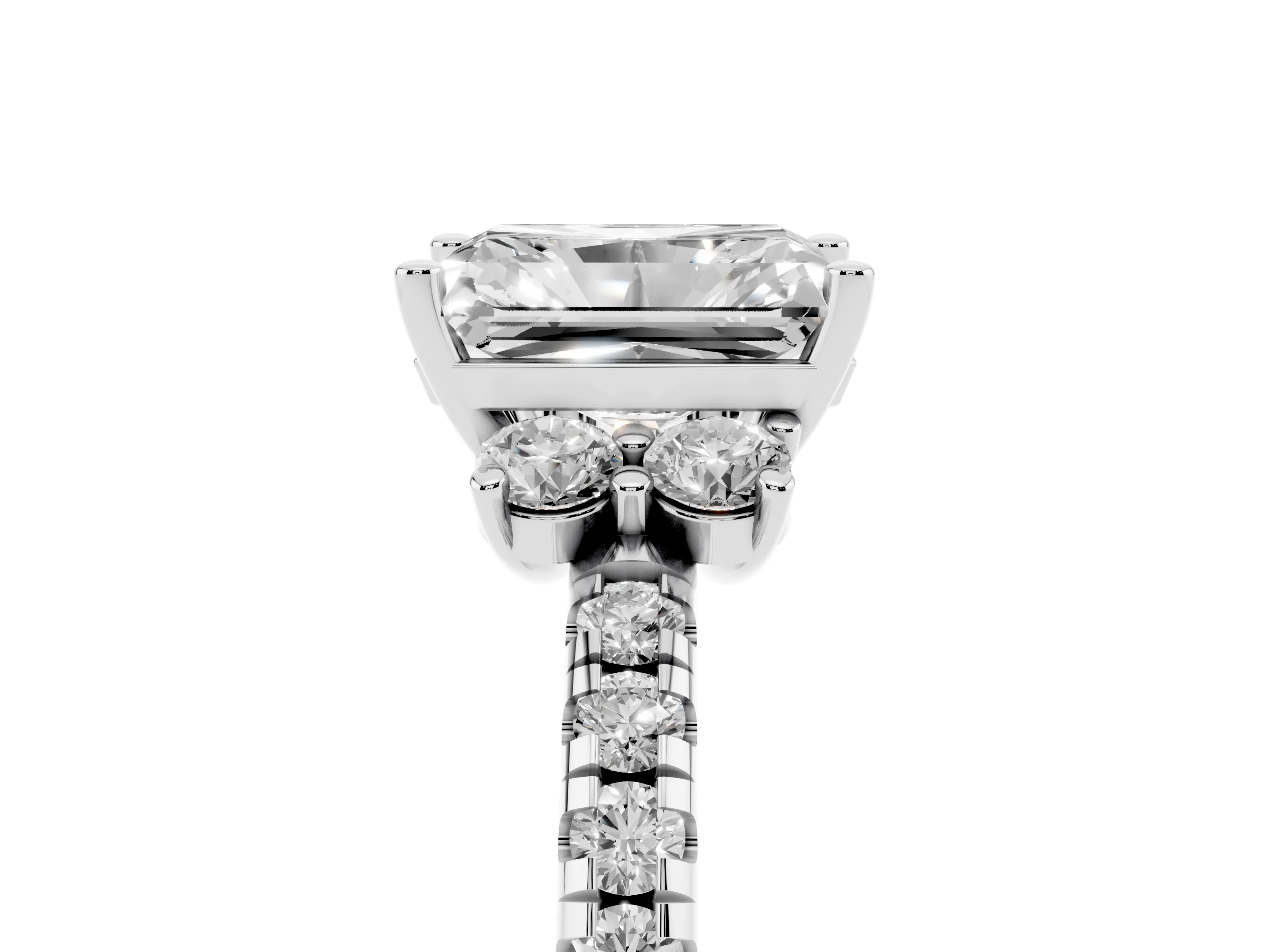 Radiant Cut Diamond Three-Stone Pavé Ring Set in Silver with Prong Setting