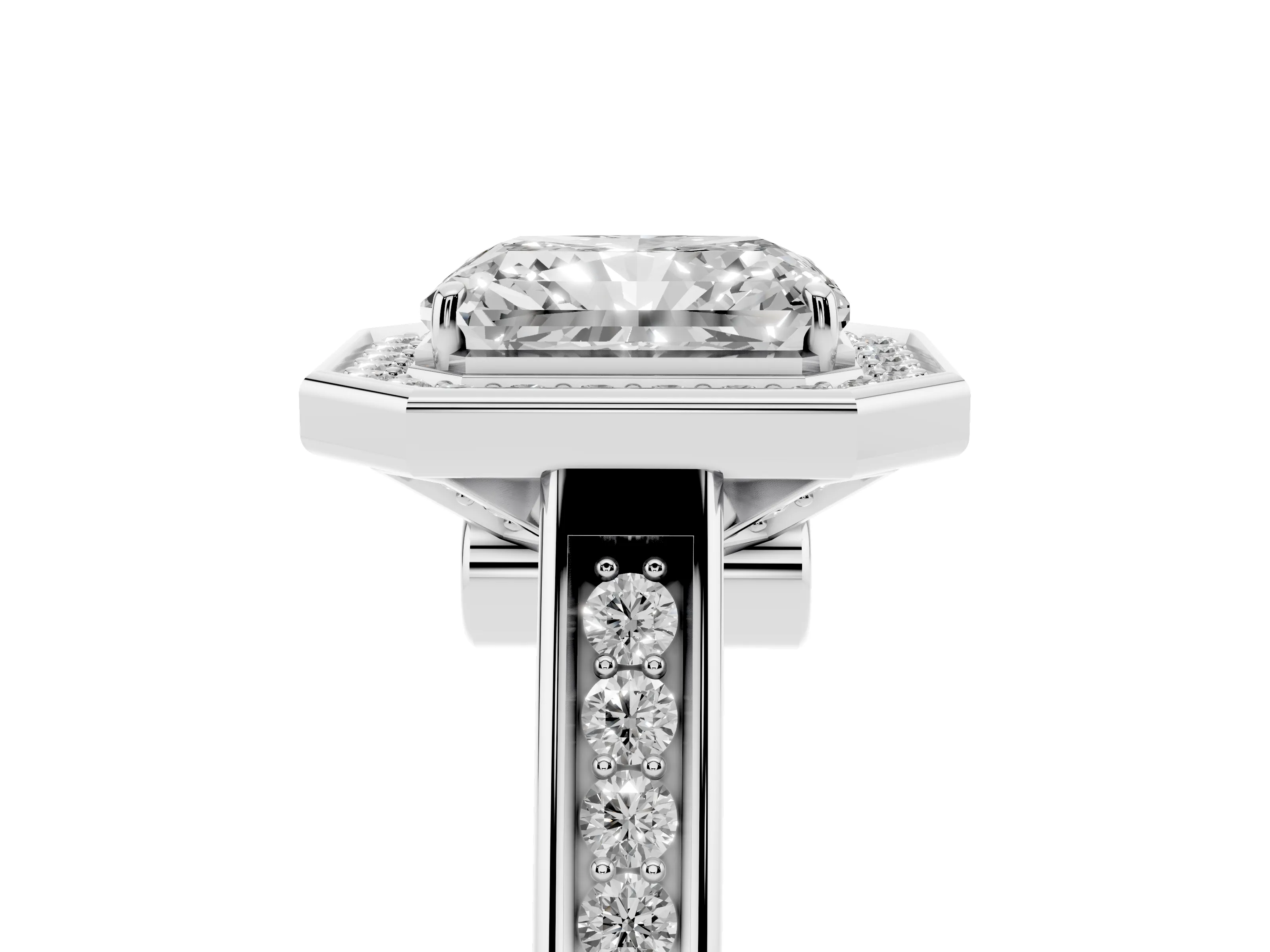 Radiant Cut Diamond Halo Solitaire Ring Set in Platinum with Pavé Band and Bezel Setting