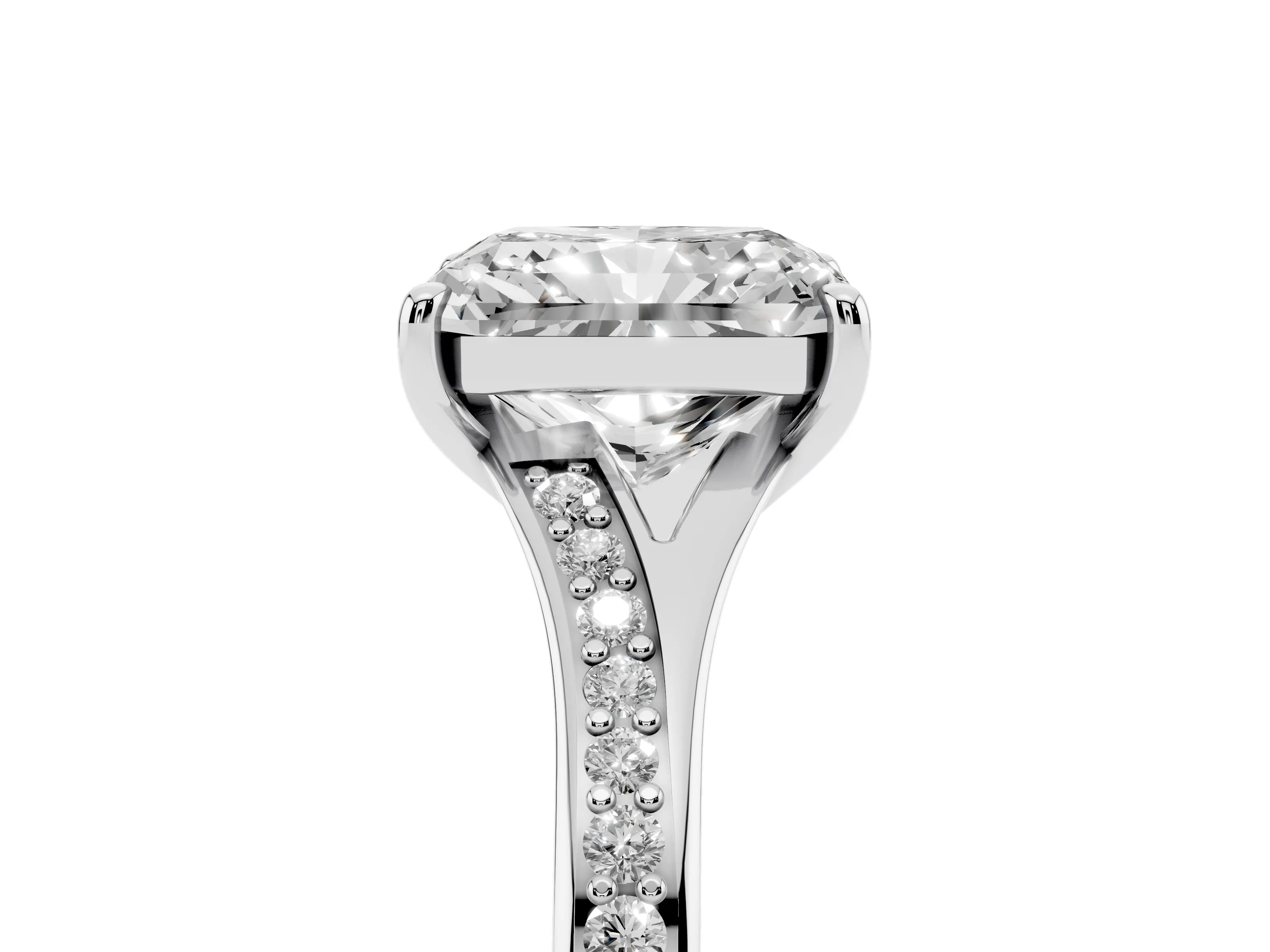 Radiant Cut Diamond Solitaire Ring Set in White gold with Pavé Accent Band and Classic Prong Setting