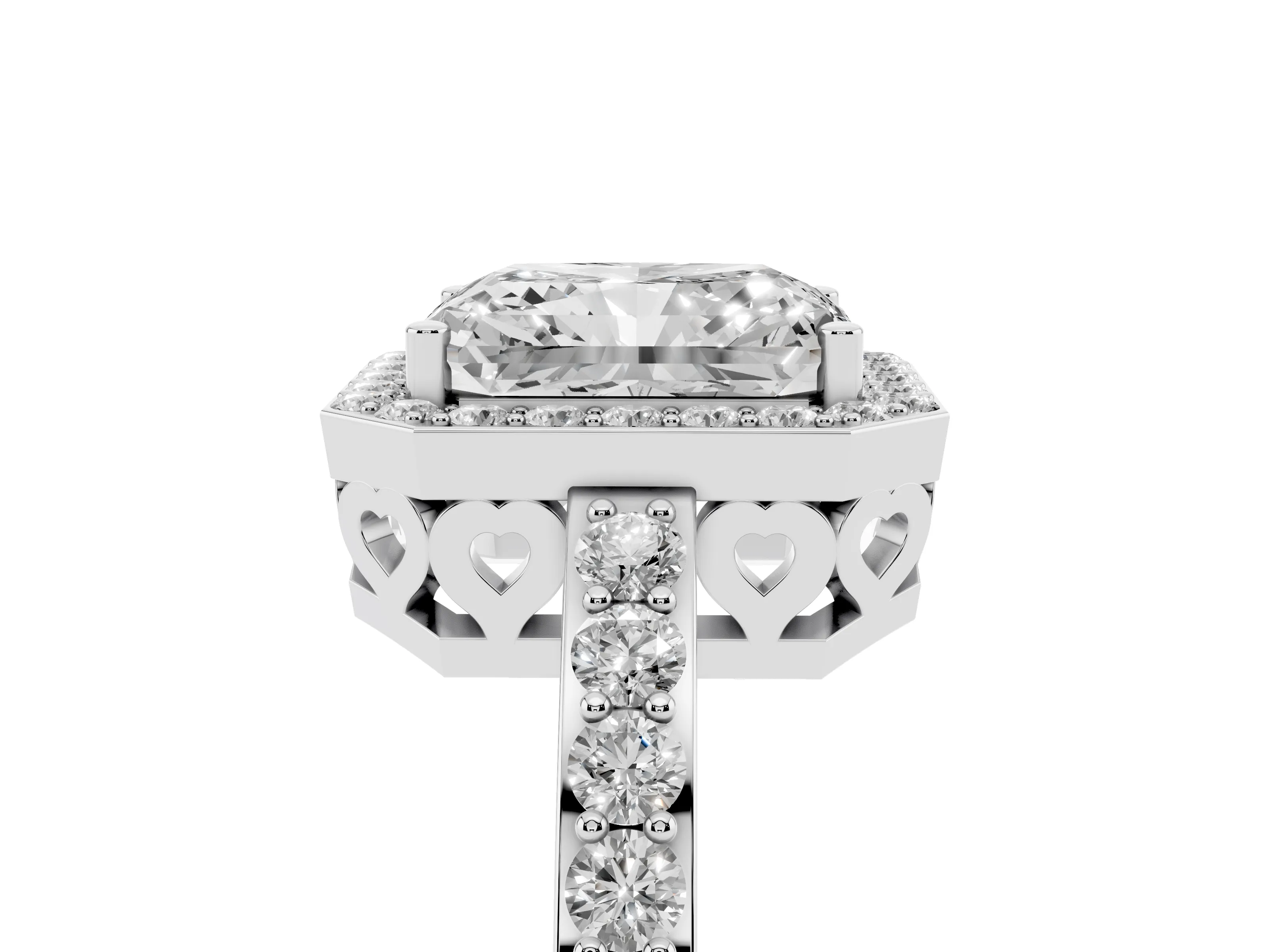 Radiant Cut Diamond Halo Ring Set in White gold with Pavé-Setting Band and Open Prong Center