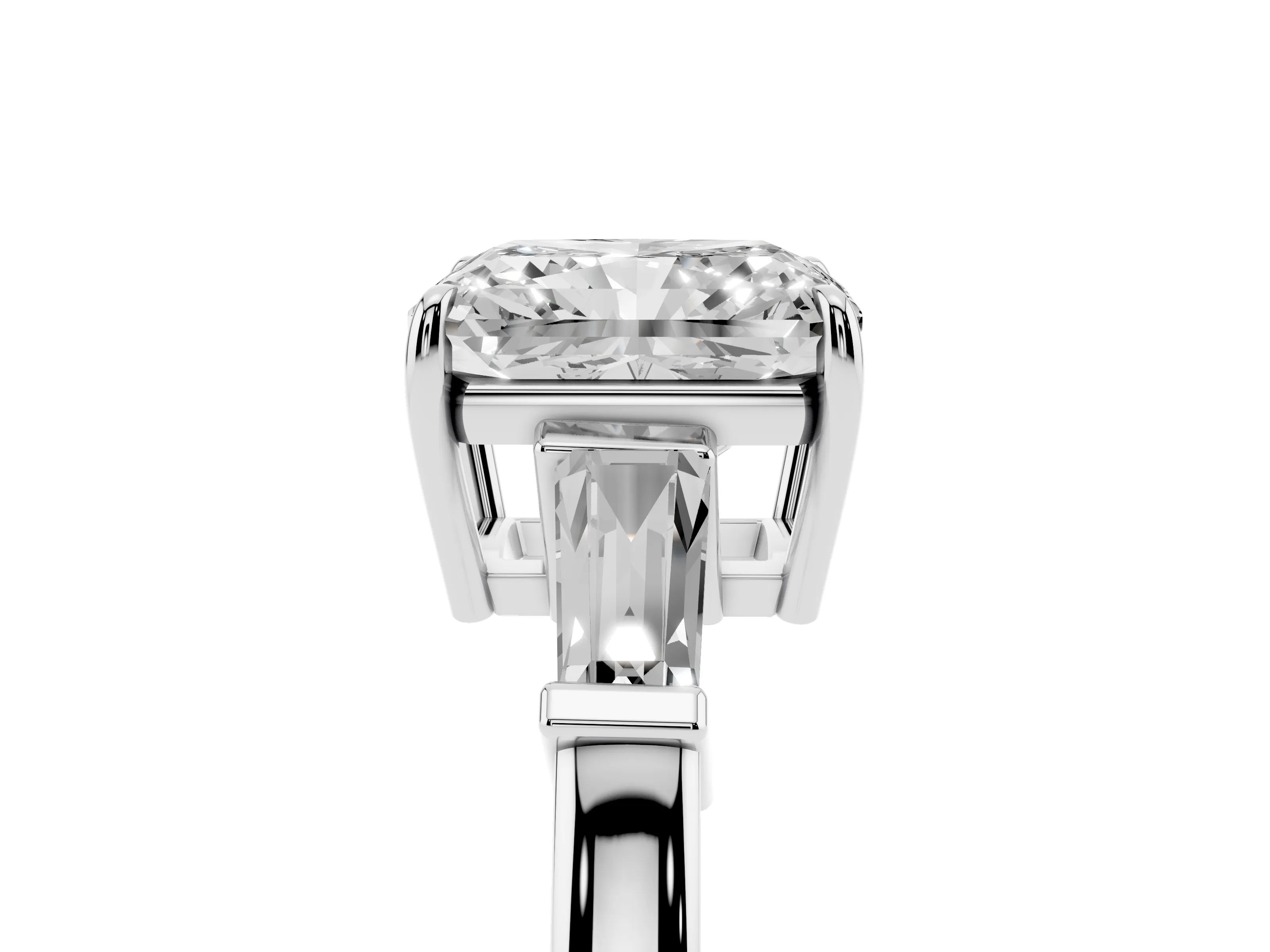 Radiant Cut Diamond Three-Stone Ring Set in White gold with Tapered Baguette Side Stones and Prong Setting