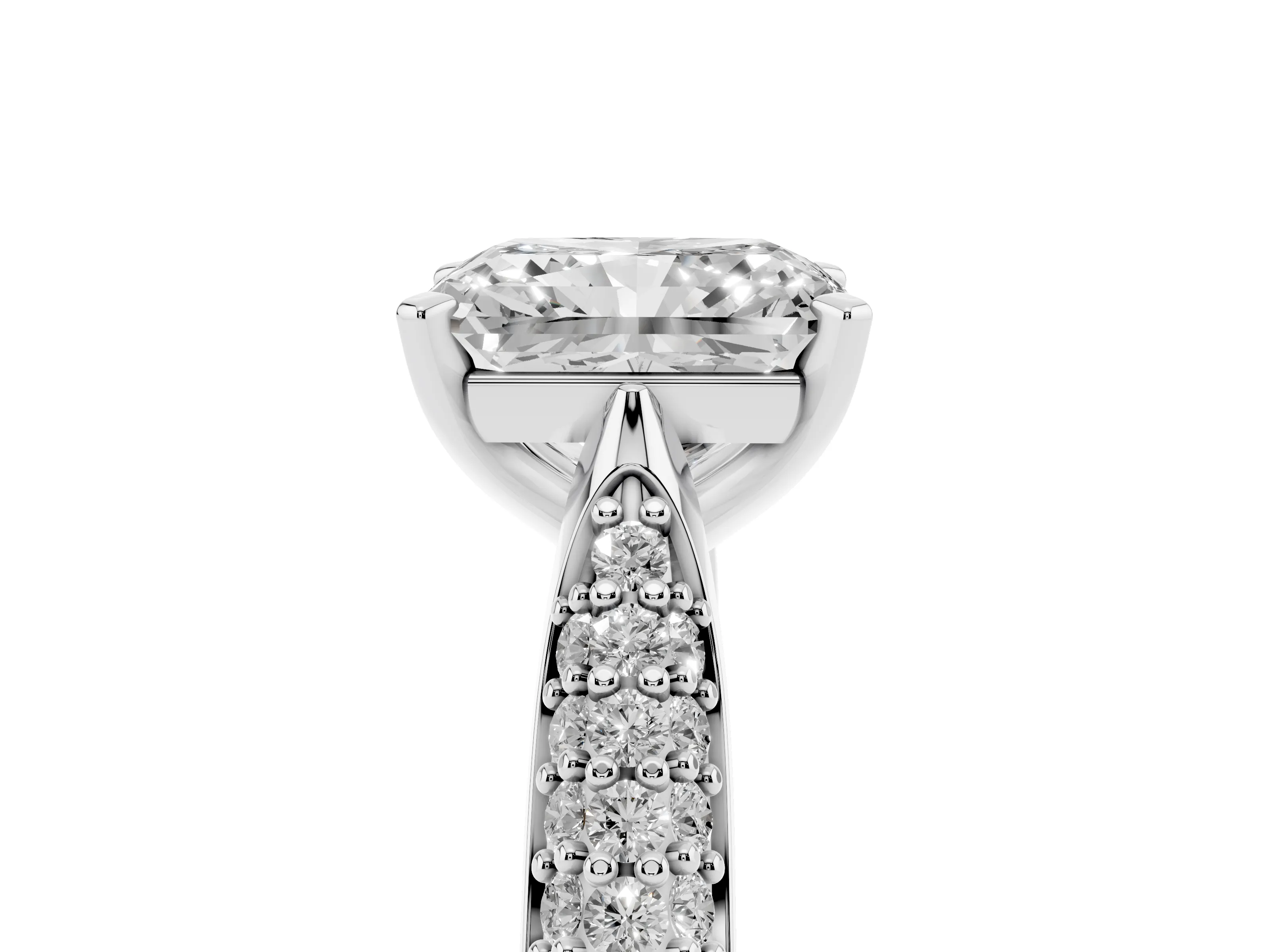 Radiant Cut Diamond Solitaire Engagement Ring Set in Platinum with Multi-Row Round Pavé Band and Prong Setting