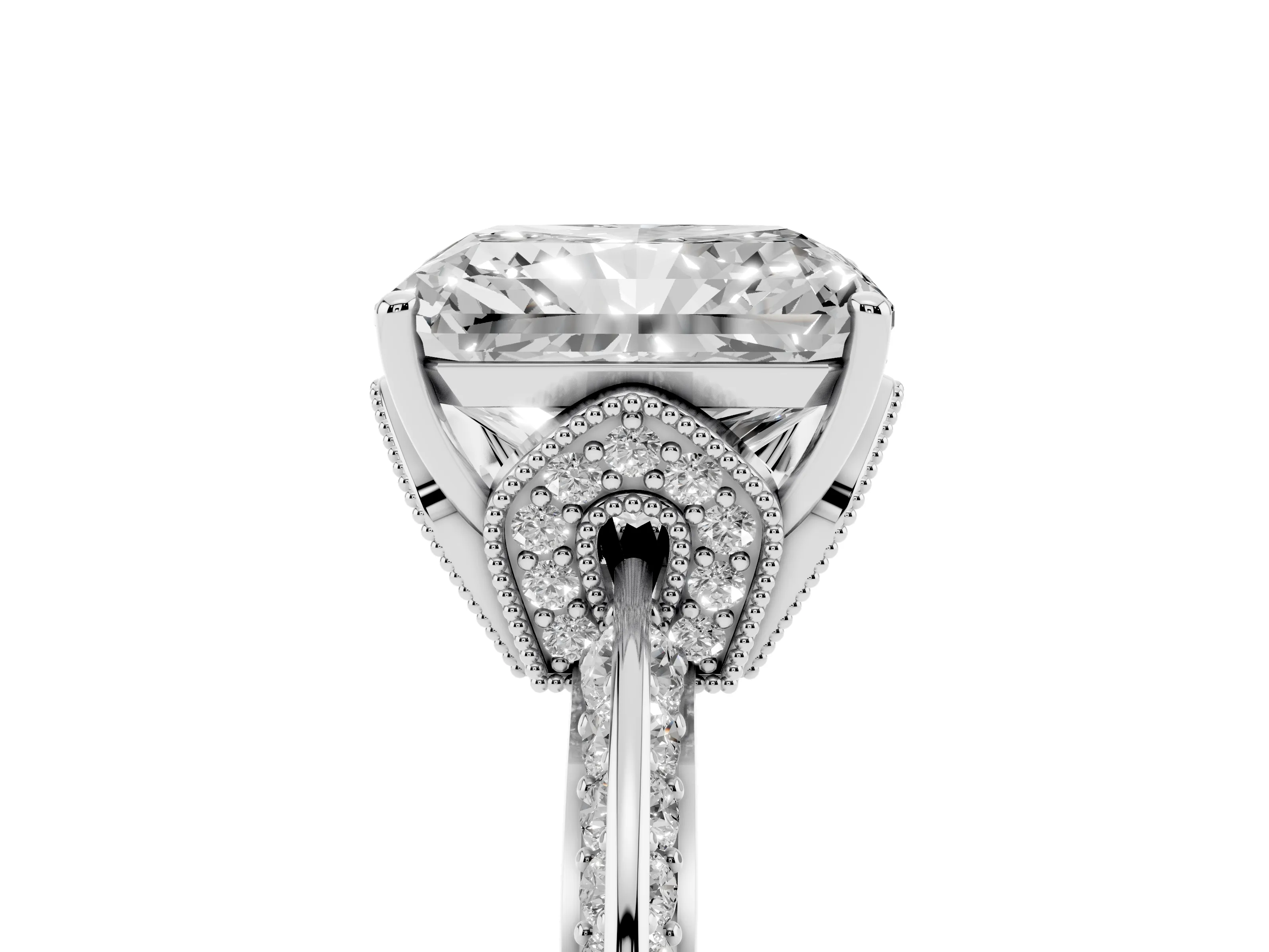 Radiant Cut Diamond Solitaire Engagement Ring Set in Silver with Pavé Split Shank and Prong Setting