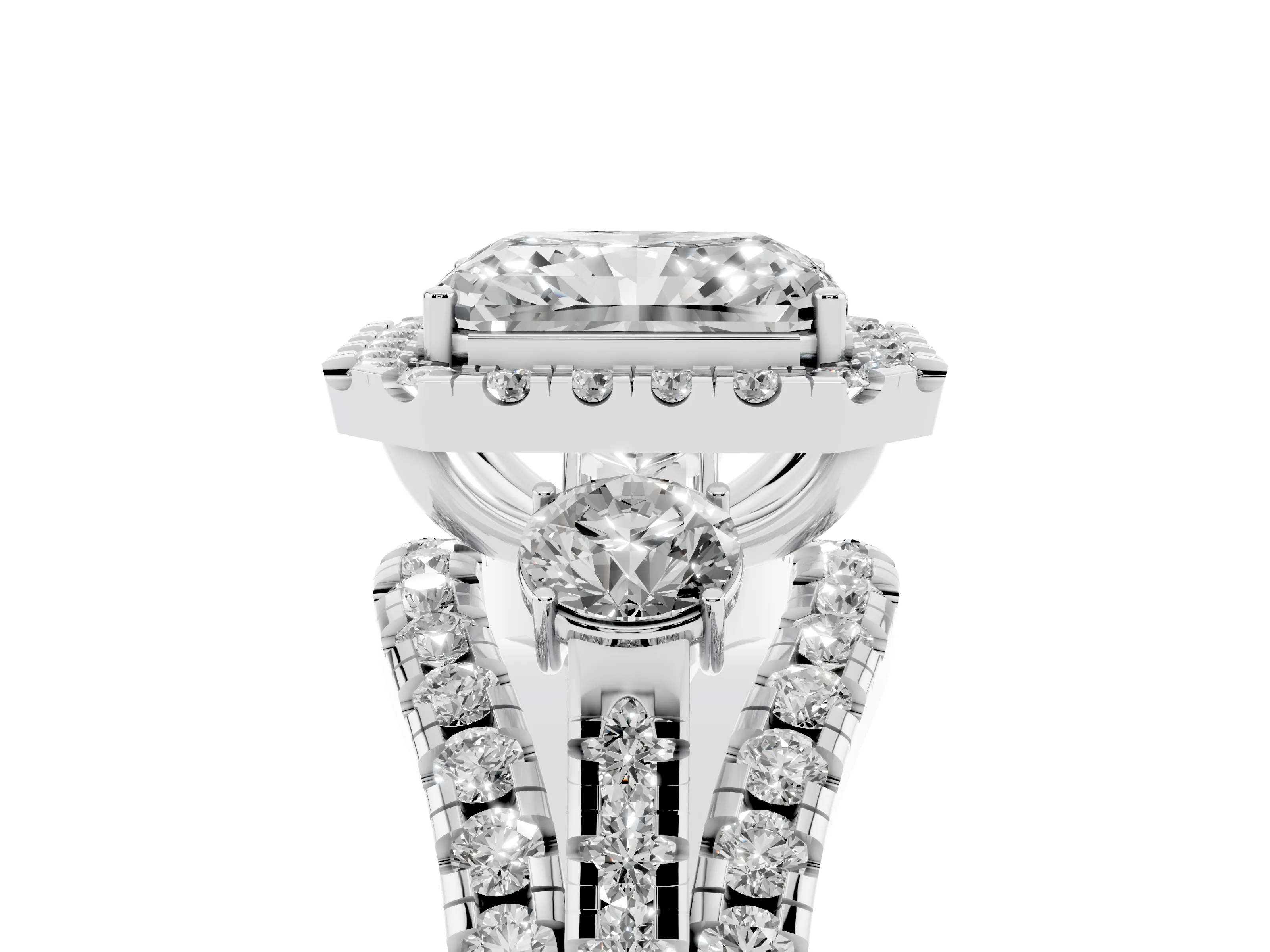 Radiant Cut Diamond Halo Split Shank Ring Set in Silver with Round Accent Stones and Prong Setting