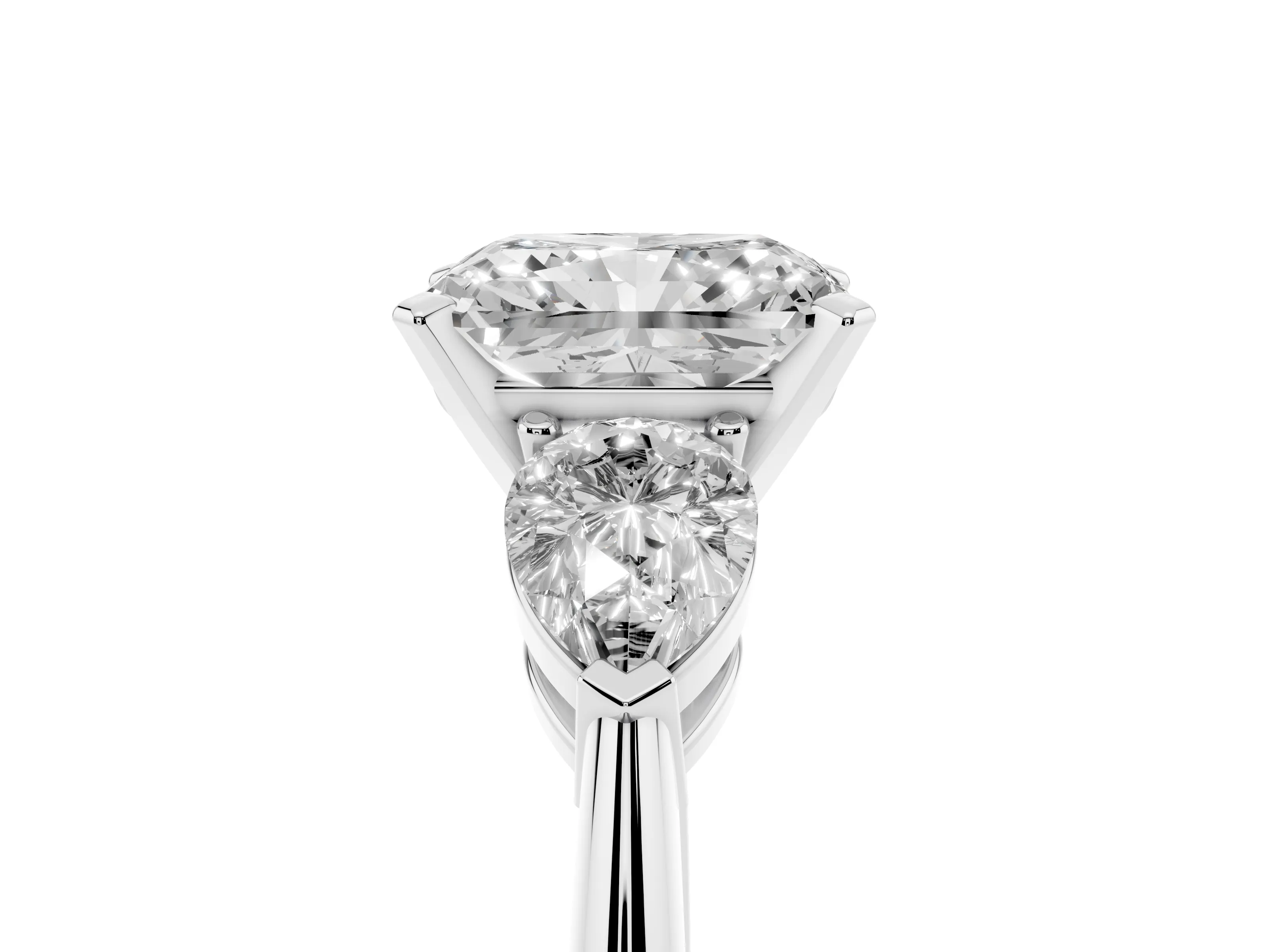 Three-Stone Radiant Cut Diamond Ring Set in Silver with Pear Side Stones and Prong Setting