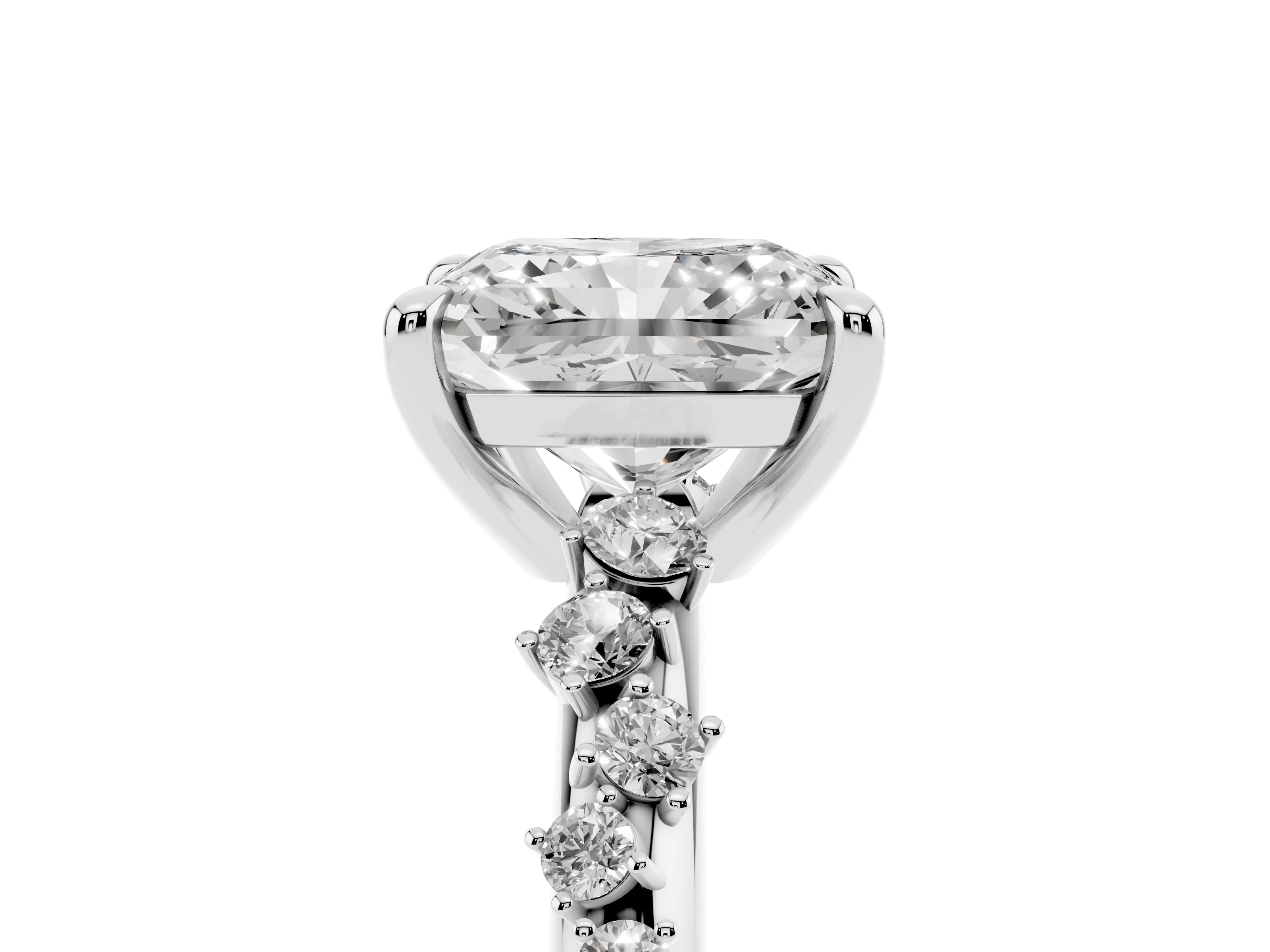 Radiant Cut Diamond Solitaire Vine Band Ring Set in Platinum with Round Accents and Prong Setting