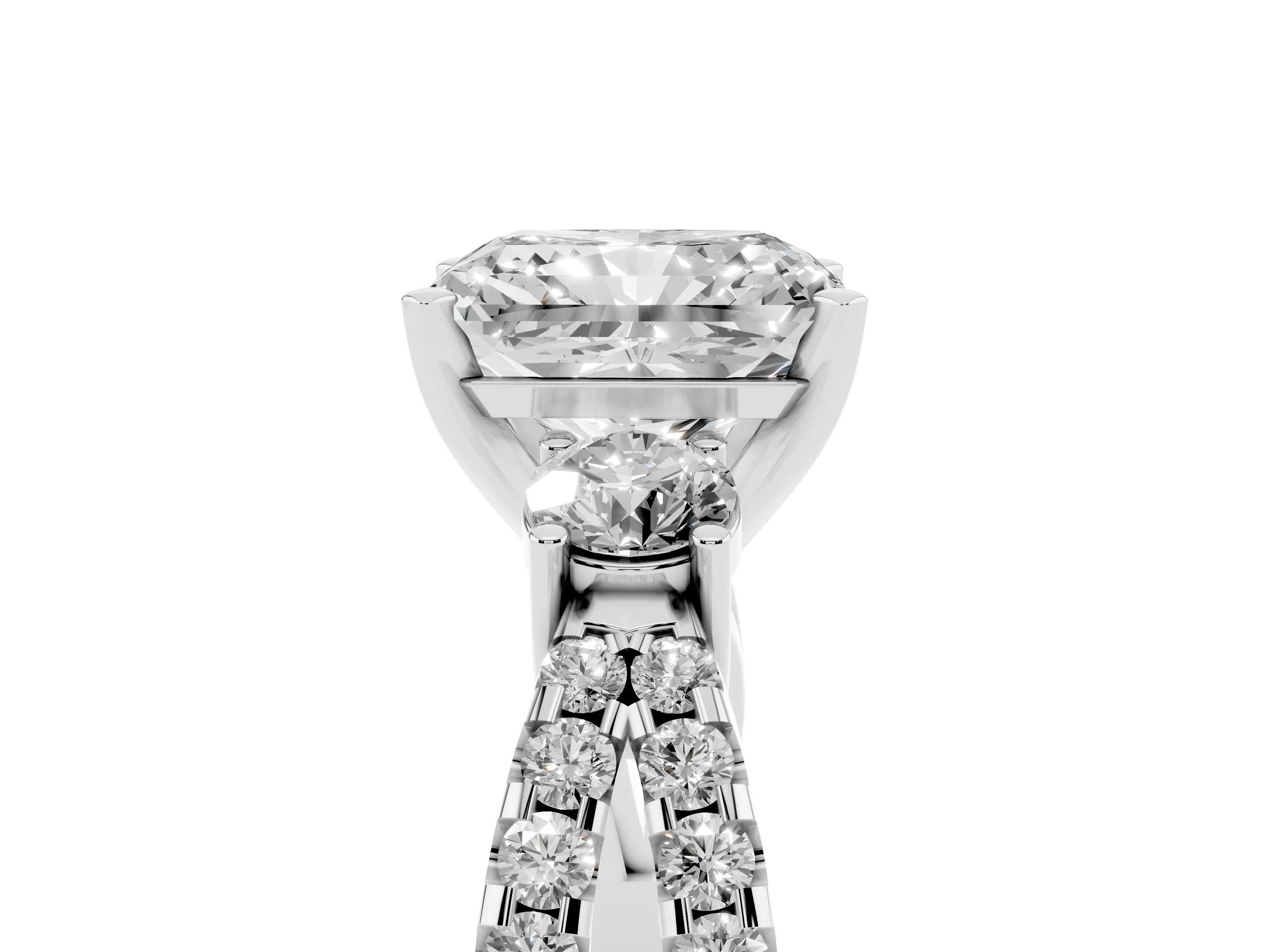 Radiant Cut Diamond Three-Stone Ring Set in Silver with Pavé Split Shank and Prong Setting