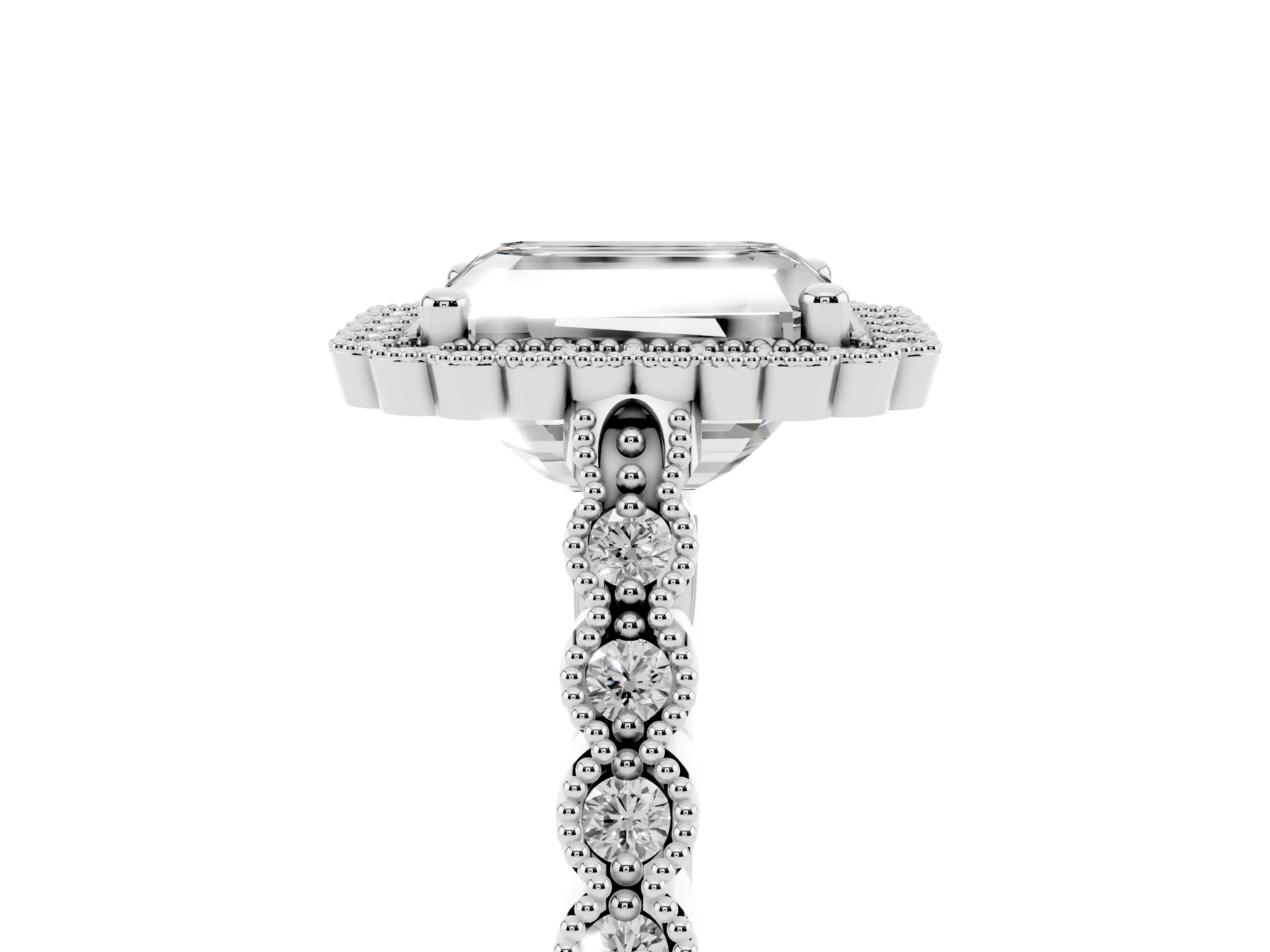 Radiant Cut Diamond Halo Ring Set in Platinum with Pavé Milgrain Band
