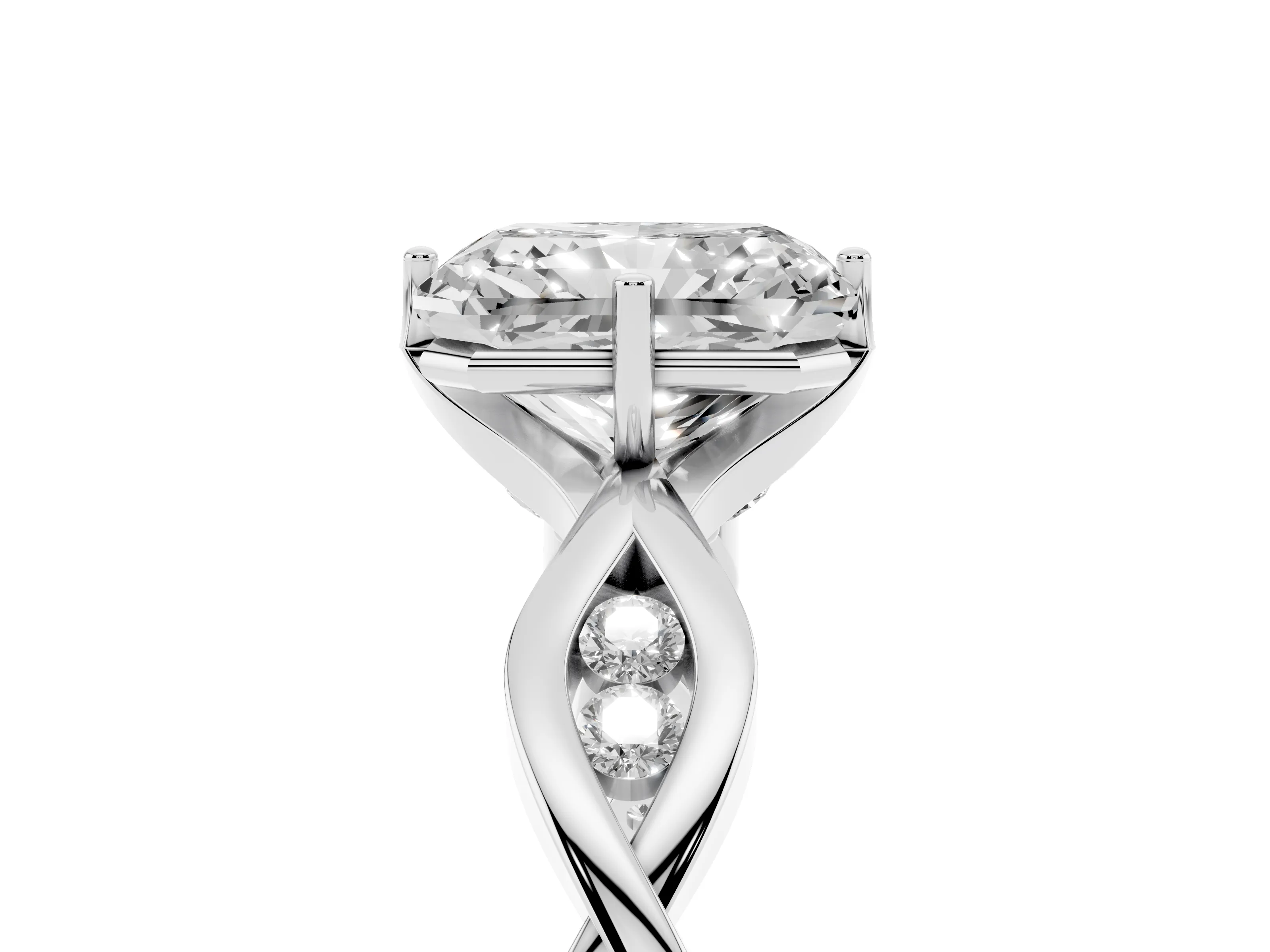 Radiant Cut Diamond Twist Band Solitaire Ring Set in Platinum with Leaf Prong Setting and Accent Stones