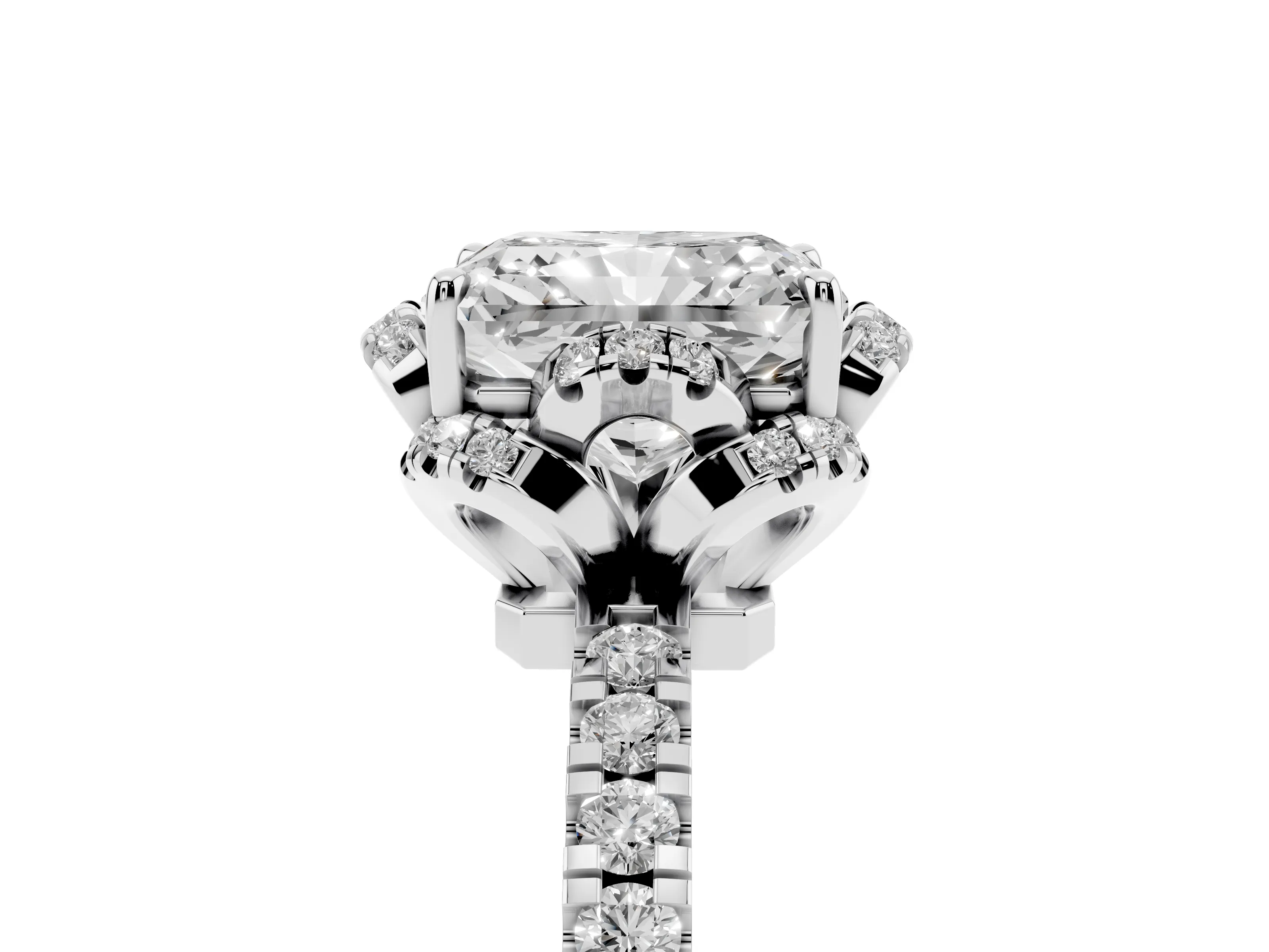 Radiant Cut Diamond Halo Pavé Band Ring Set in Platinum with Prong-Held Center
