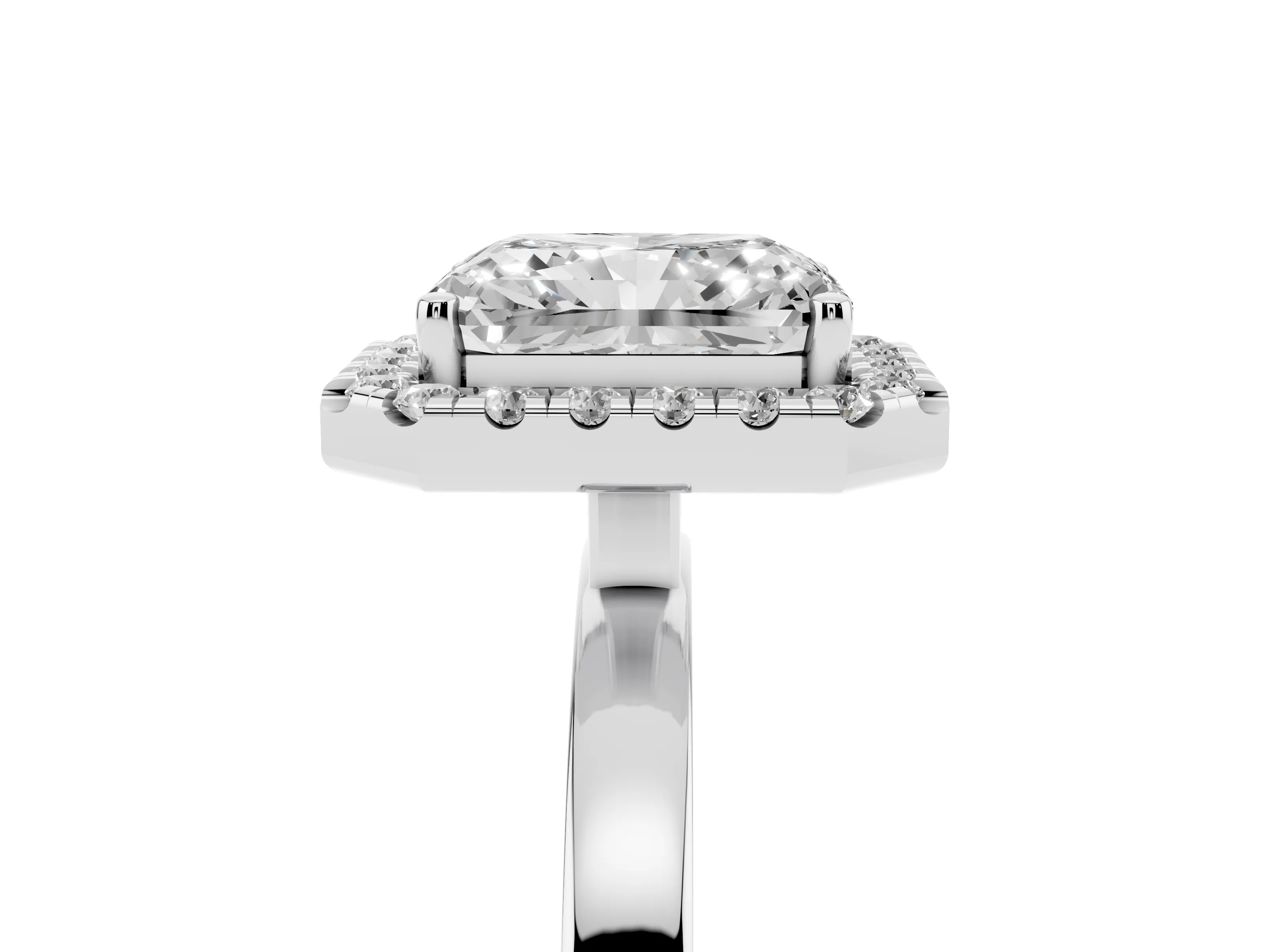 Radiant Cut Diamond Halo Solitaire Ring Set in Platinum with Pavé Band and Prong Setting