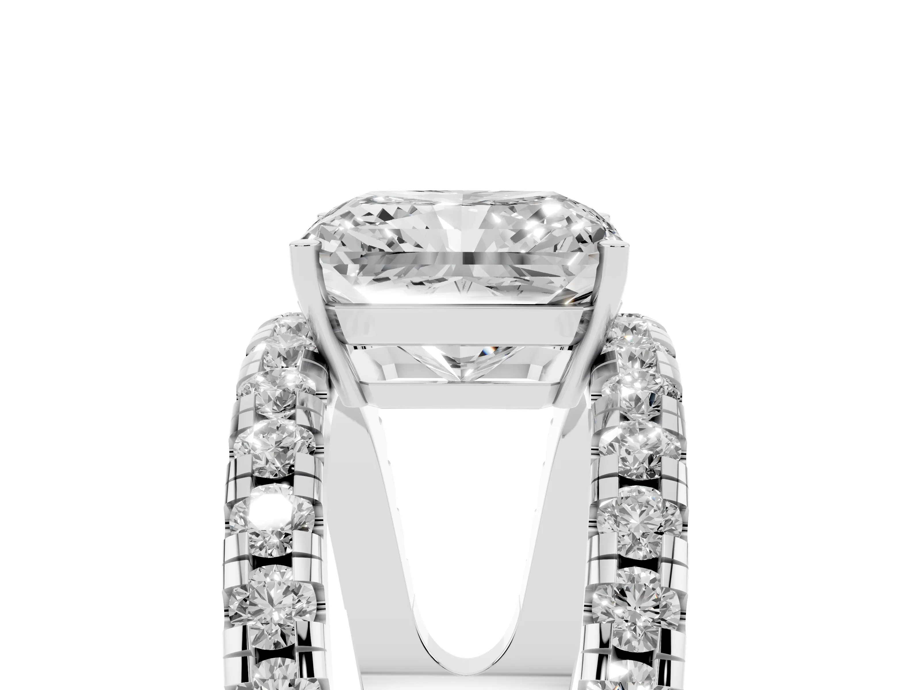 Radiant Cut Diamond Split Shank Pavé Solitaire Ring Set in Platinum with Open Shank Design