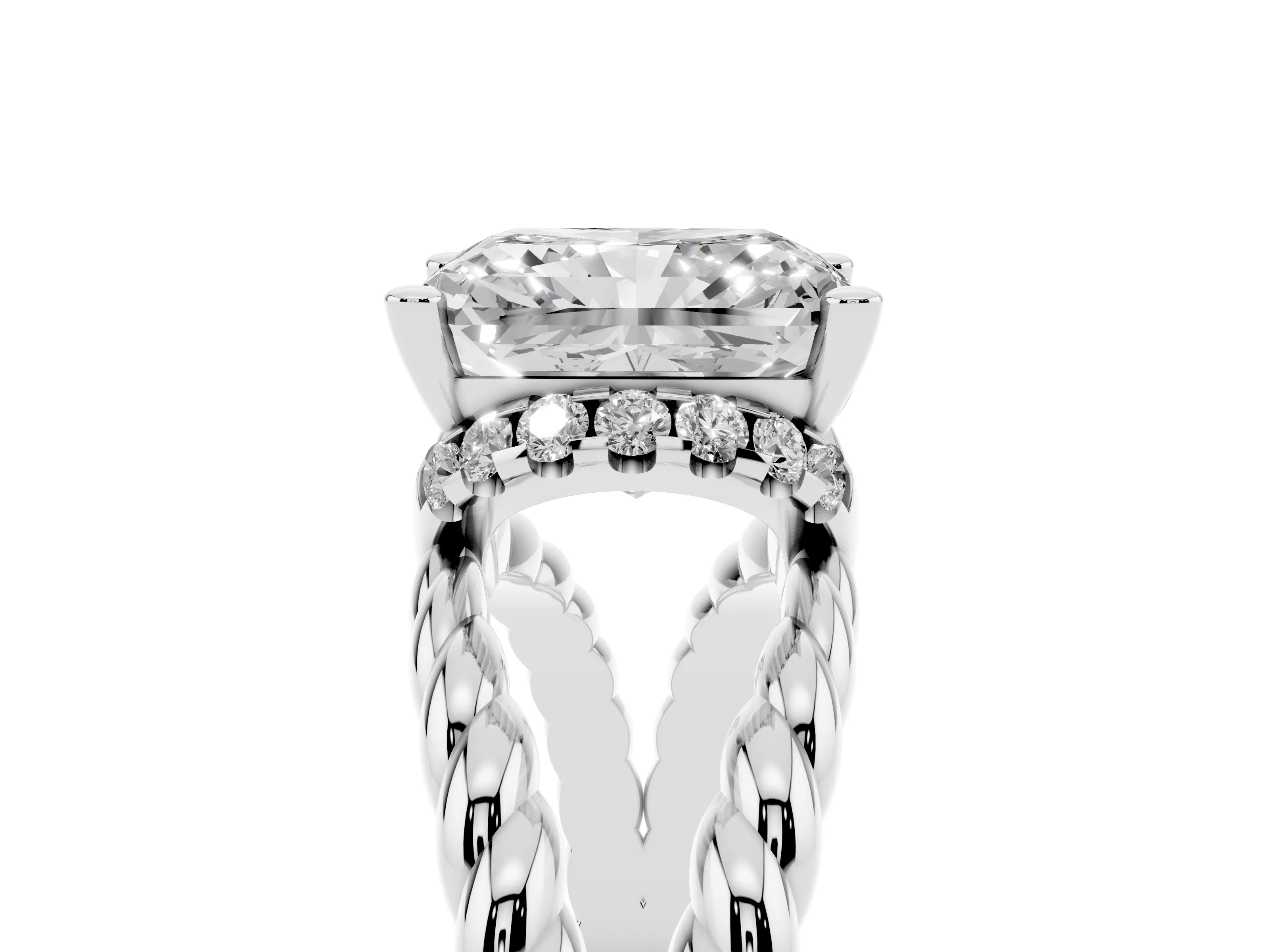 Radiant Cut Diamond Halo Ring Set in White gold with Twisted Band and Prong Setting