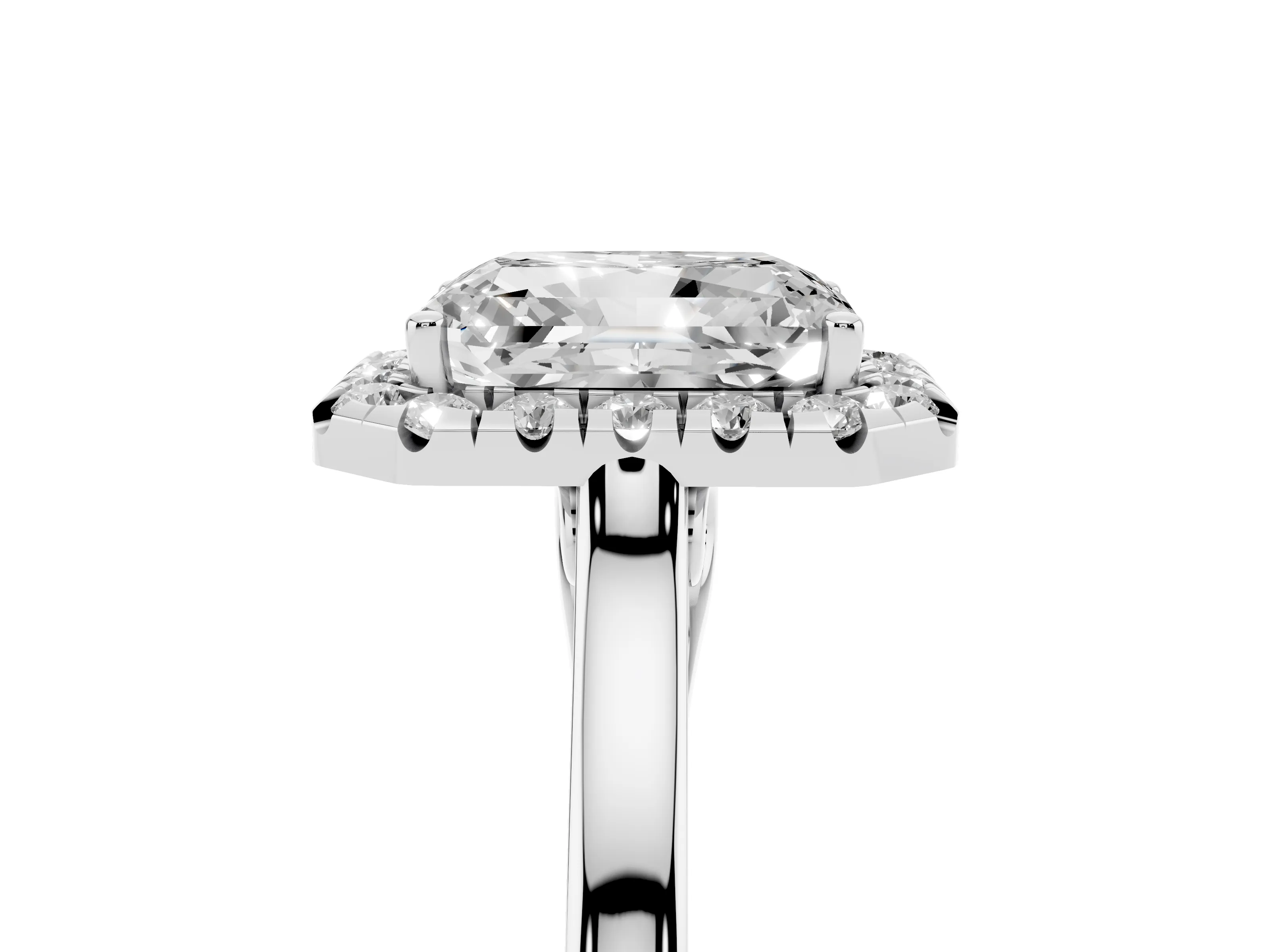 Radiant Cut Halo Round Diamond Solitaire Ring Set in Platinum with Pavé Band and Prong Setting