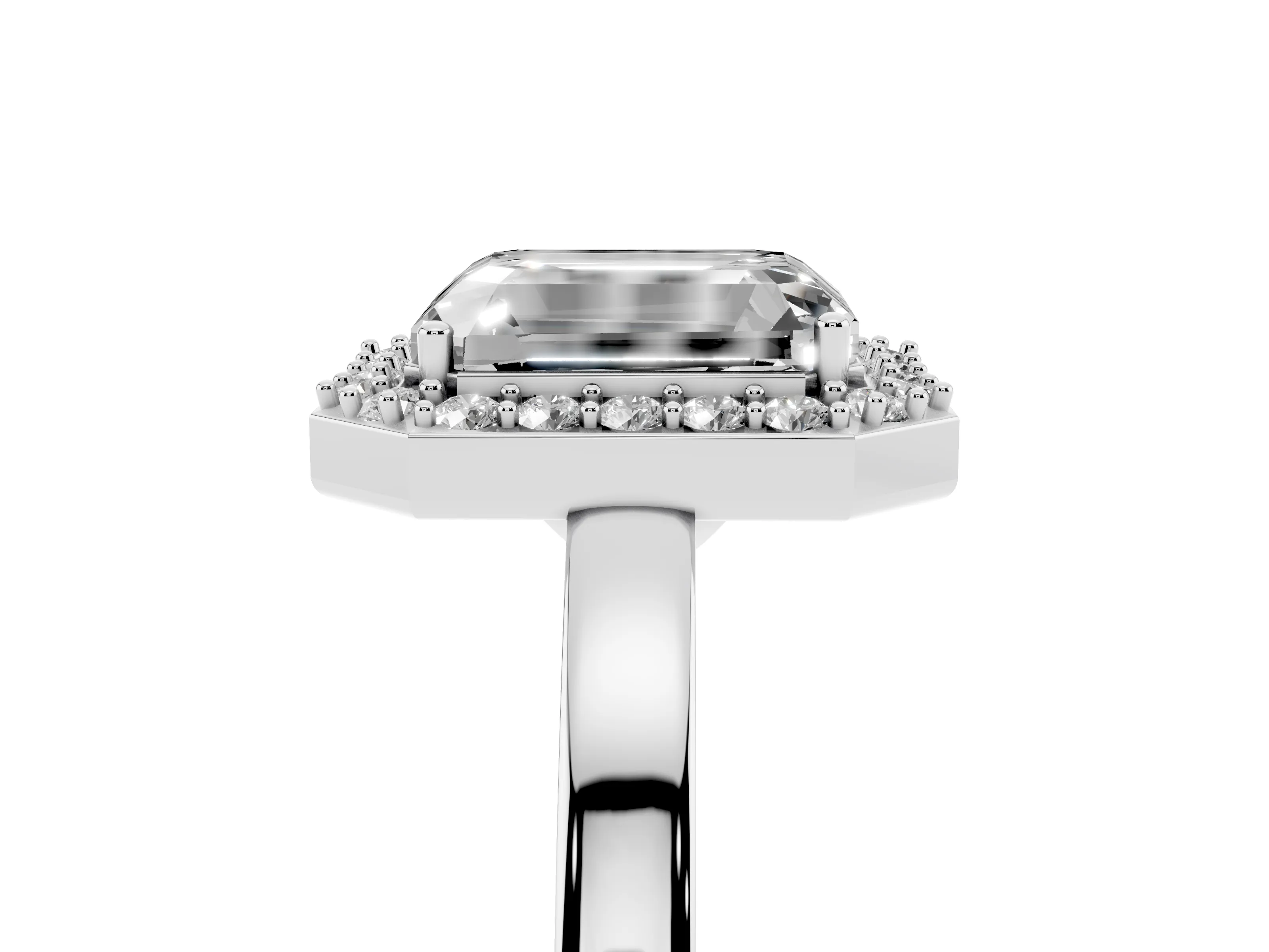 Radiant Cut Diamond Halo Ring Set in White gold with Solitaire Band and Prong Setting