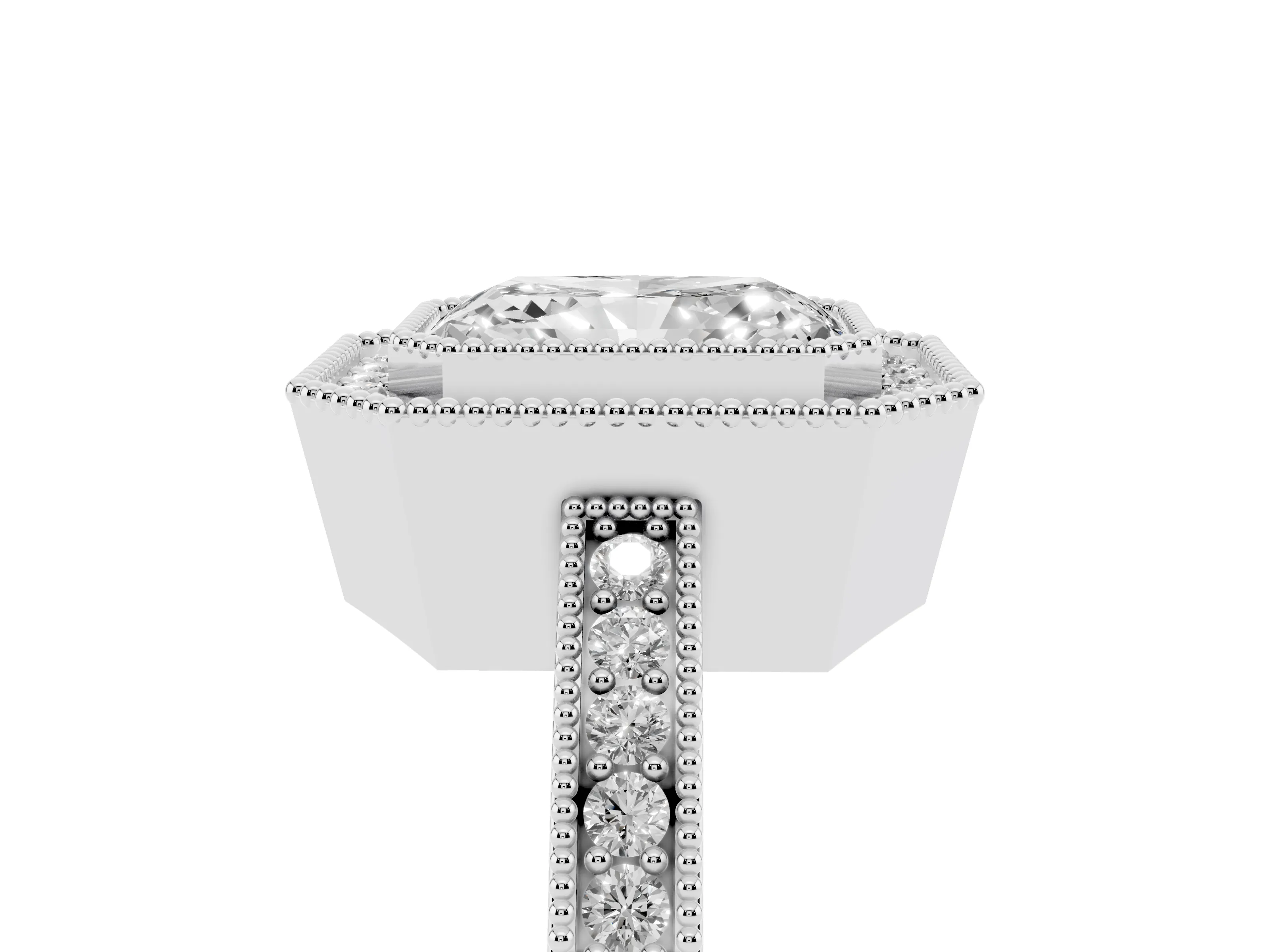 Radiant Cut Diamond Round Halo Ring Set in White gold with Pavé Band