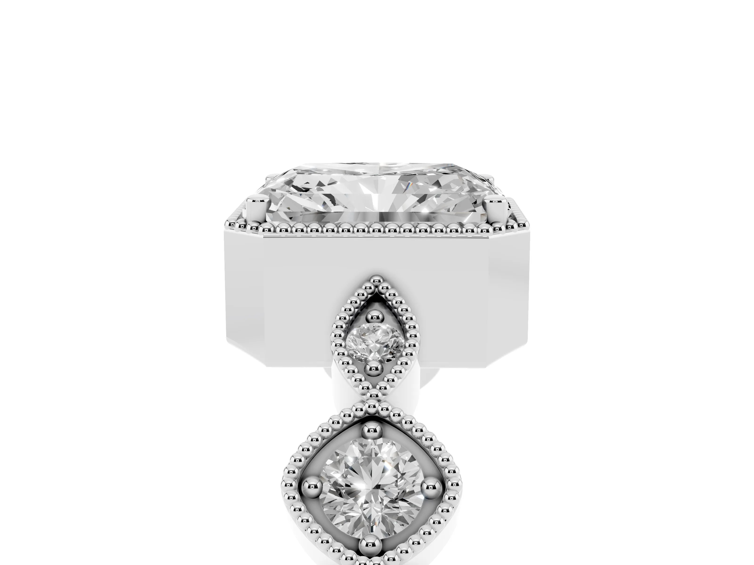 Radiant Cut Diamond Vintage-Inspired Milgrain Ring Set in Platinum with Marquise Stations of Round Accents
