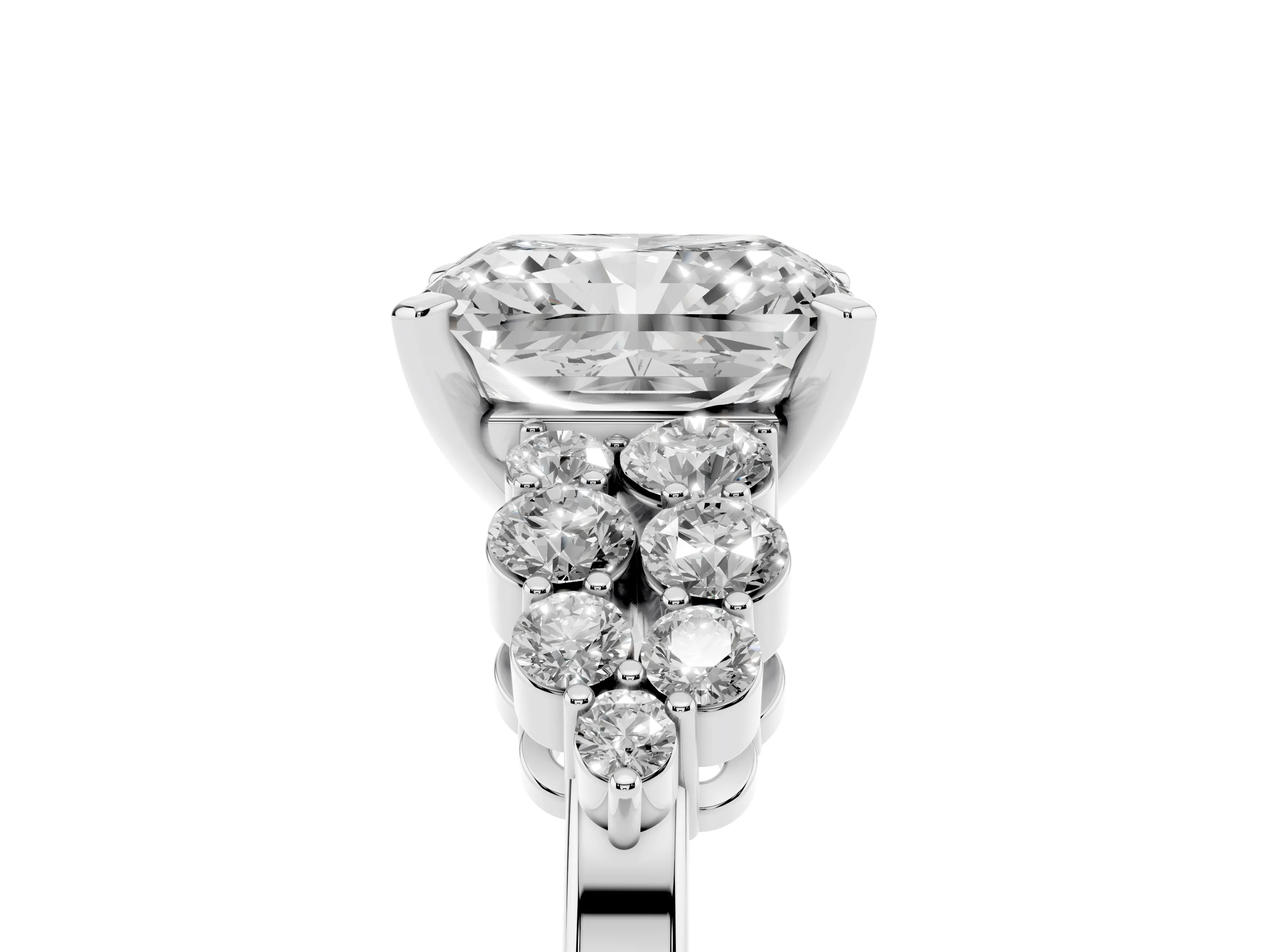 Radiant Cut Diamond Cluster Engagement Ring Set in Silver with Pavé Band and Prong Setting