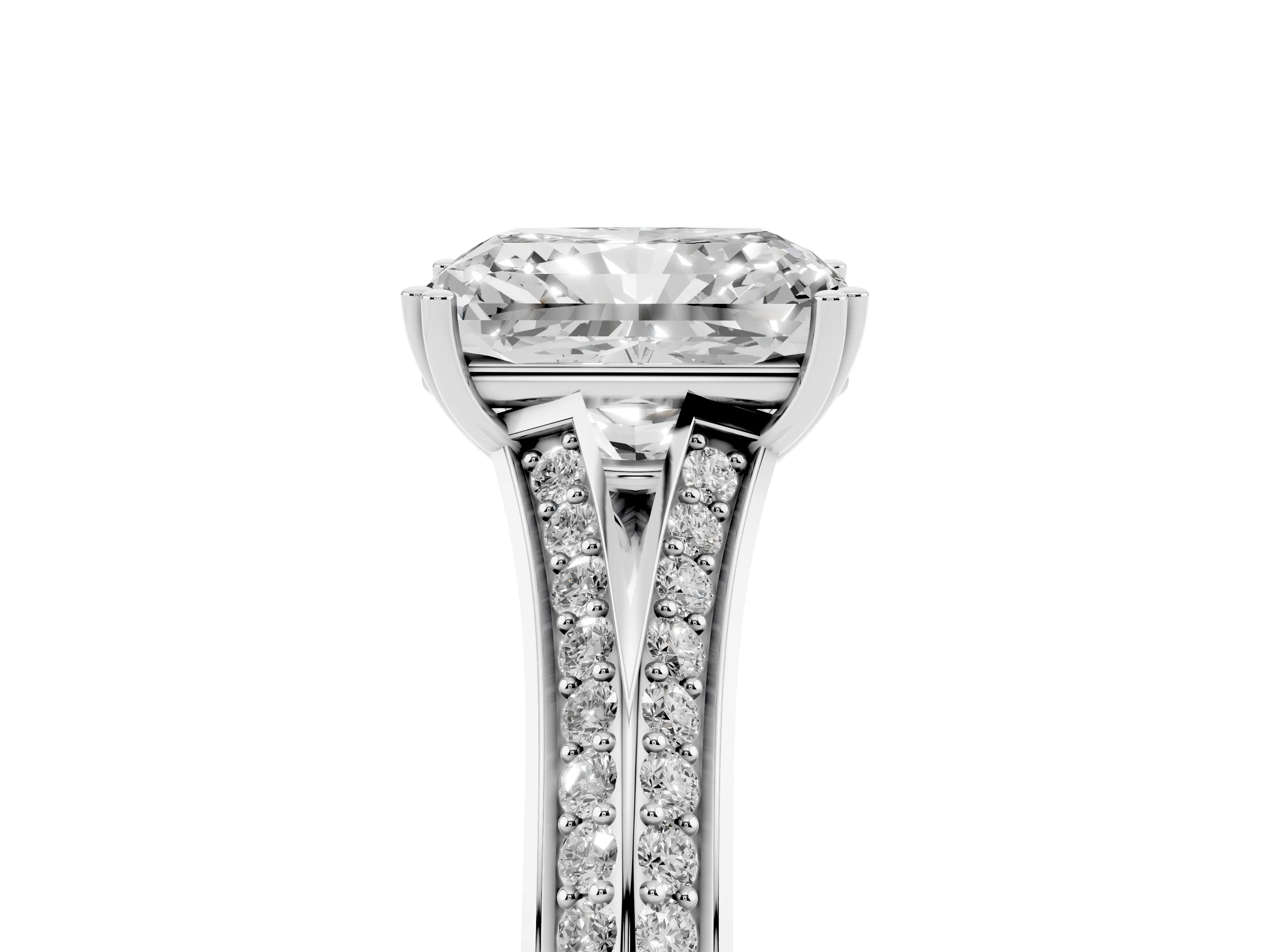 Radiant Cut Diamond Split Shank Pavé Engagement Ring Set in Platinum with Prong-Set Center Stone